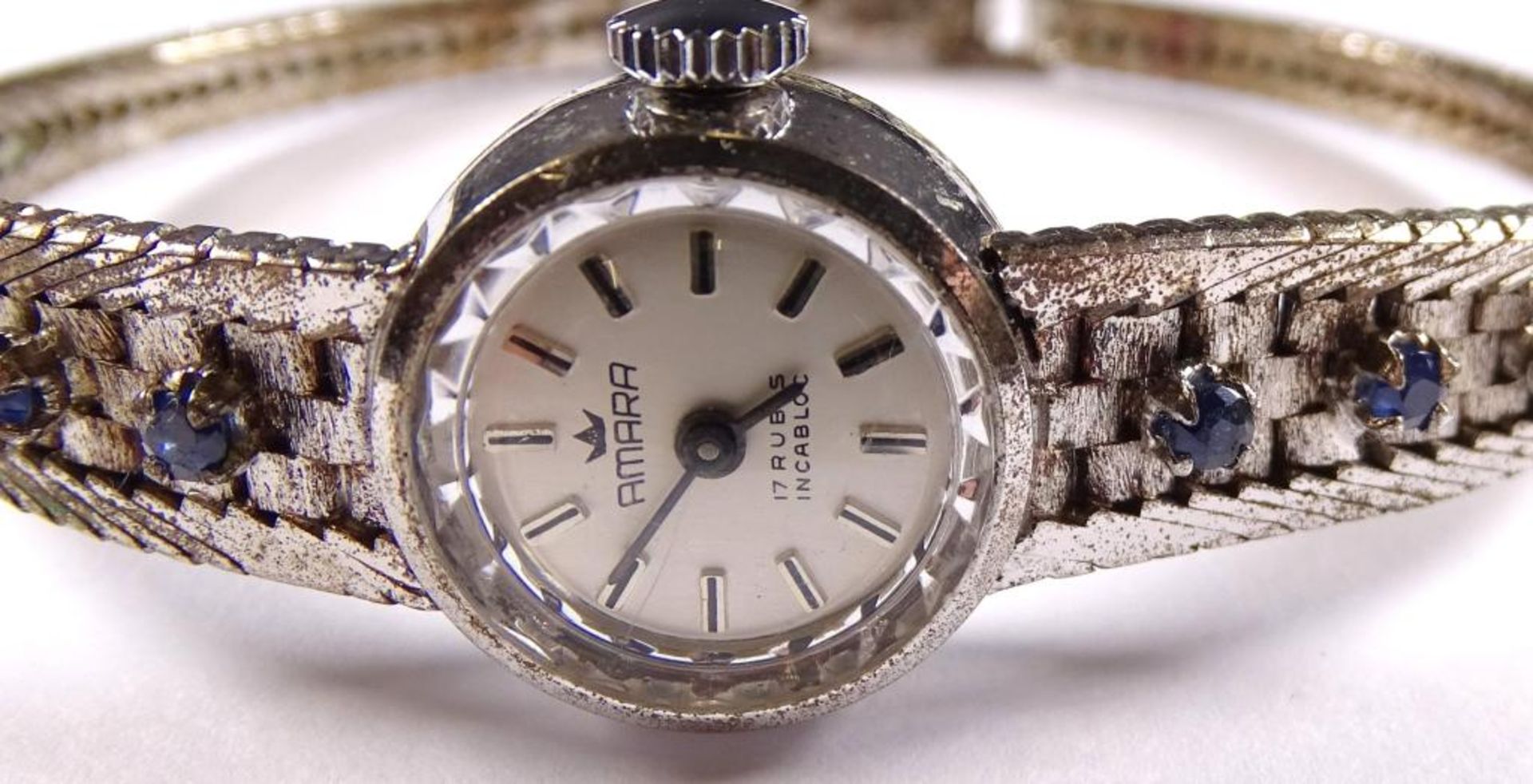 Damen Armbanduhr,"Amara",Handaufzug,Werk steht,Silber -835- besetzt mit Saphiren,ges.gew.20,8gr. - Bild 2 aus 4