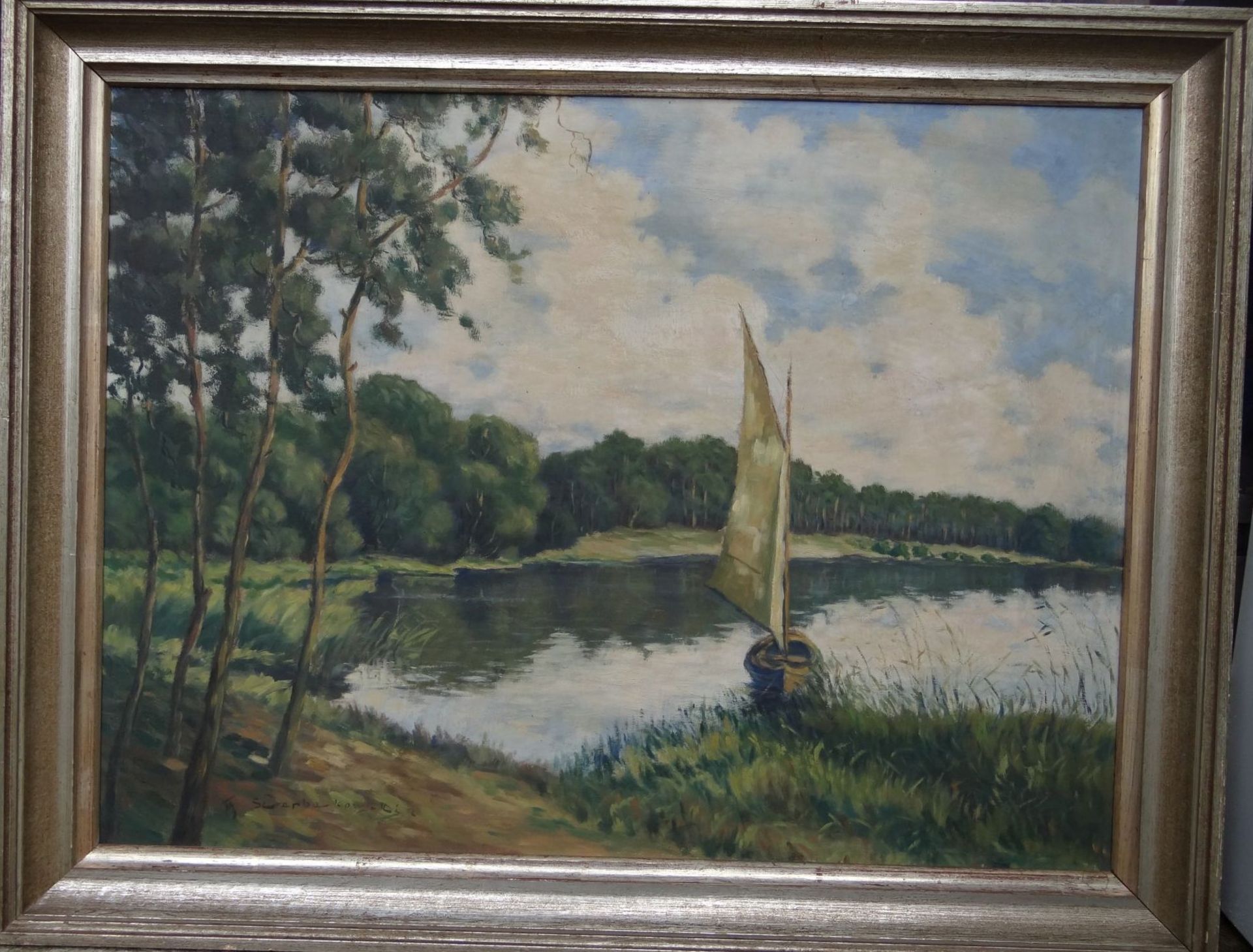 Fedor SZERBAKOWSKI , 1952 (1911-2009) "Boot am Ufer", grosses Gemälde, Öl/Platte, gerahmt, RG - Bild 2 aus 6