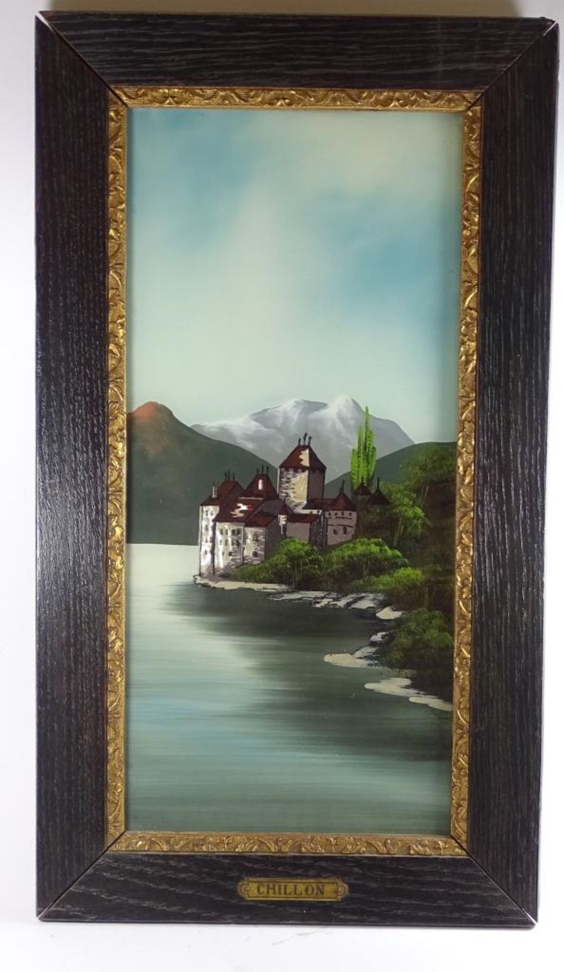 Perlmutt-Bild von der Wasserburg bei Chillon/Schweiz, gerahmt, RG 46x26 cm