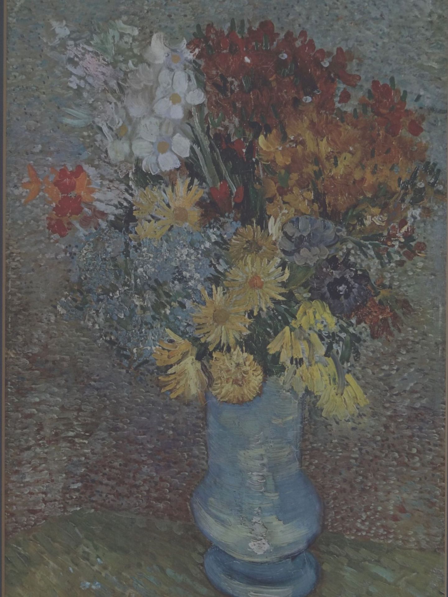 grosser Kunstdruck, Blumen in blauer Vase nach van Gogh, ger/Glas, RG 74x55 cm - Bild 3 aus 3