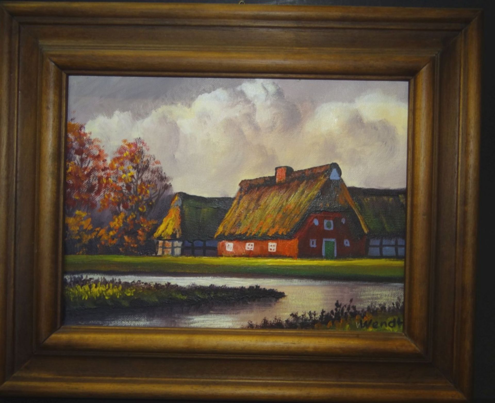 Willi Wendt (geb. 1920) "Bauernhaus am Weiher", Öl/Platte, gerahmt, RG 25x31 c - Bild 2 aus 4