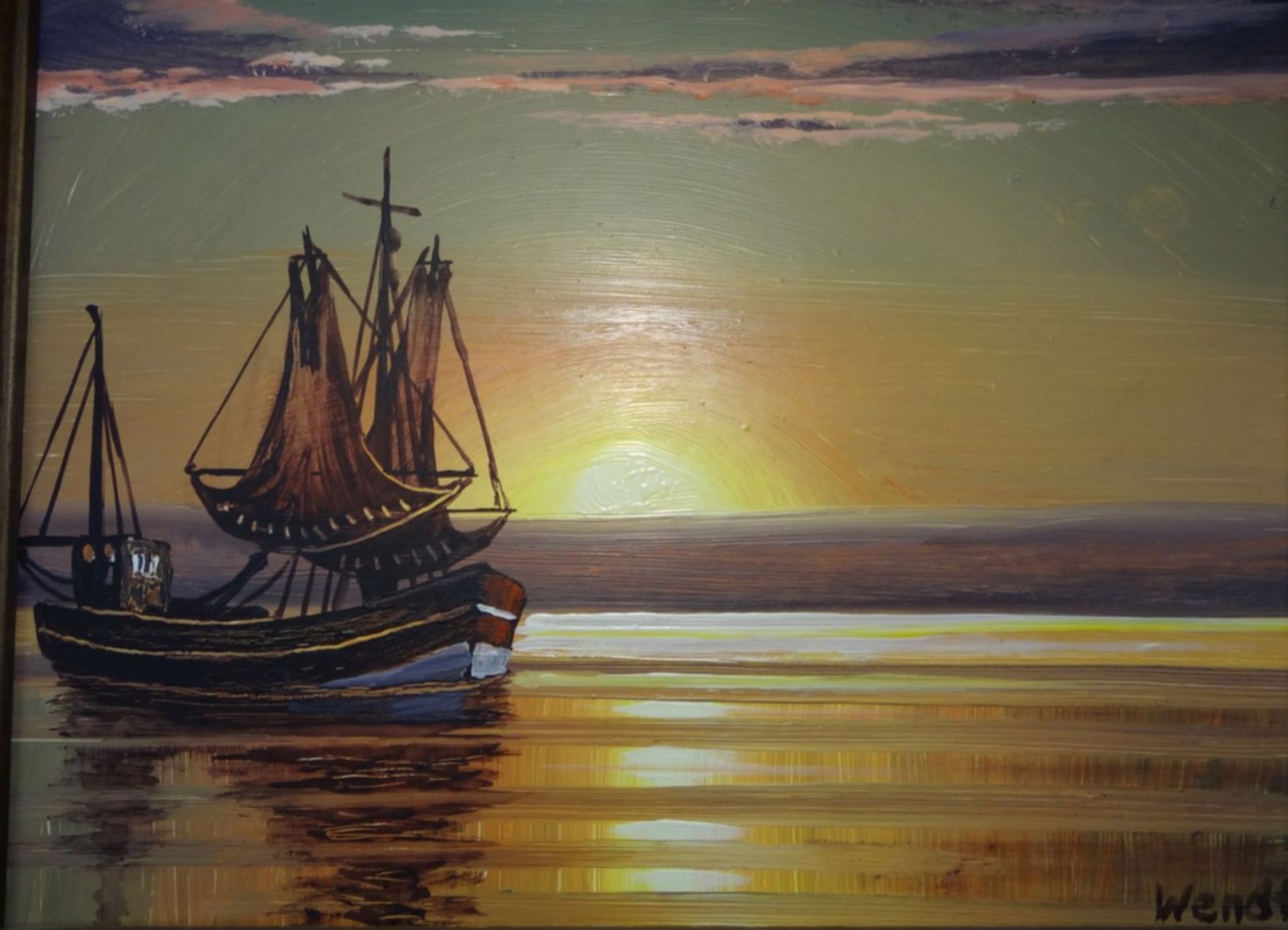 Willi Wendt (geb. 1920) "Fischkutter im Watt bei Sonnenuntergang", Öl/Platte, gerahmt, RG 25x31 c