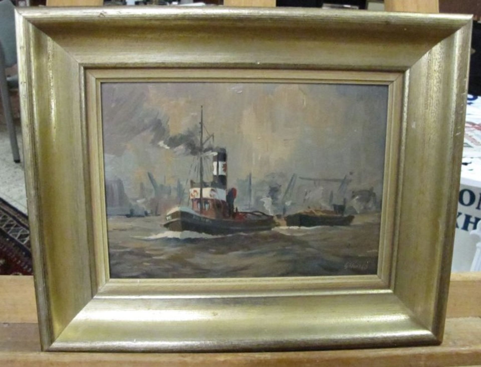 Gerhard West VON BRUCH (1922-2006) "Schlepper im Hafen", Öl/Hartfaser, datiert (19)60, gerahmt, RG - Bild 3 aus 3