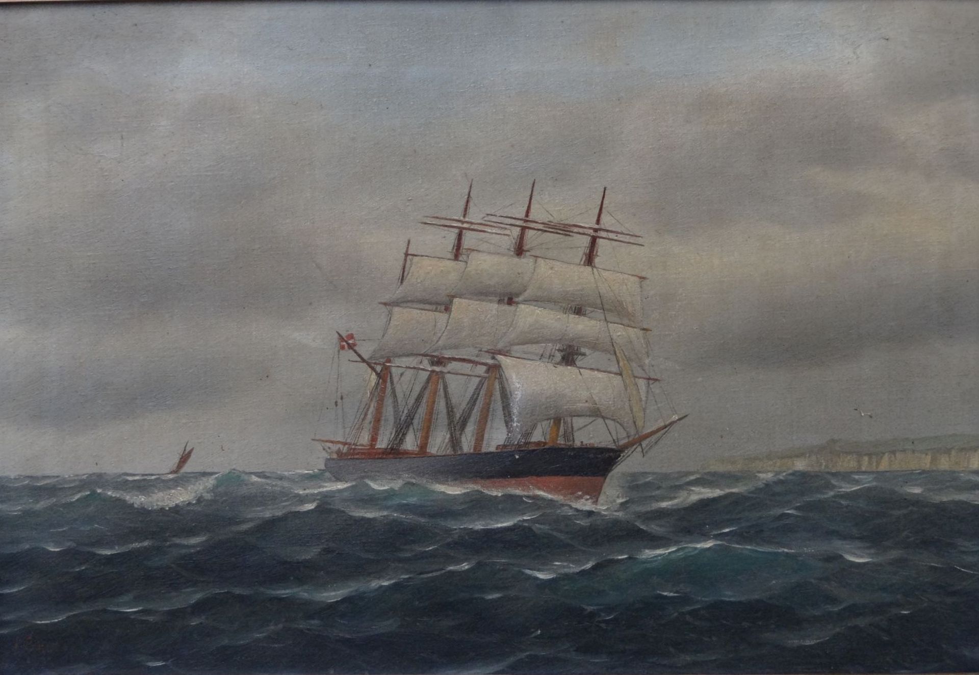 P. Bruer , 1902 "dänisches Segelschiff vor Steilküste" Öl/Leinen, alt gerahmt, RG 49x66