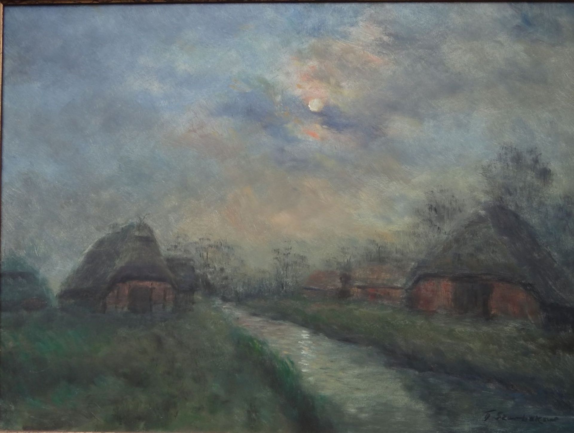 Fedor SZERBAKOW (1911-2009) "Moordorf bei Mondschein", grosses Gemälde, Öl/Platte, gerahmt, RG