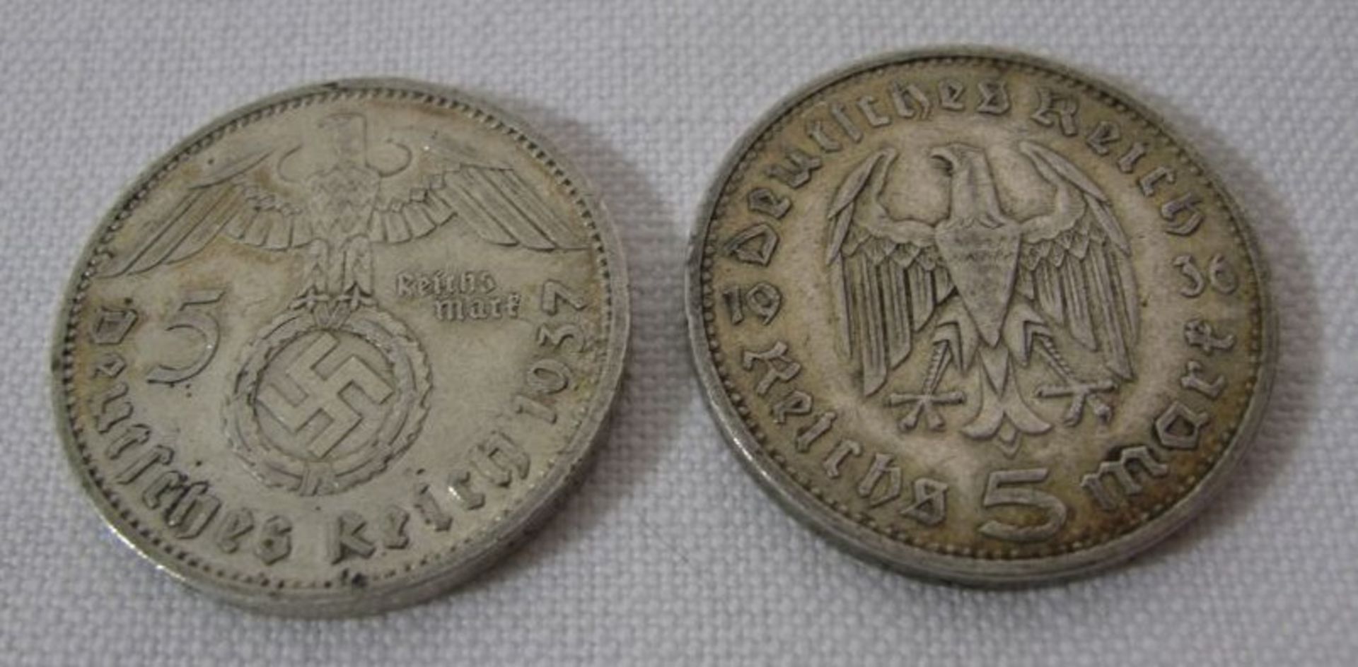 2x je 5 Mark, Deutsches Reich, 1936 und 1937, zus. 27,8g. - Bild 2 aus 2