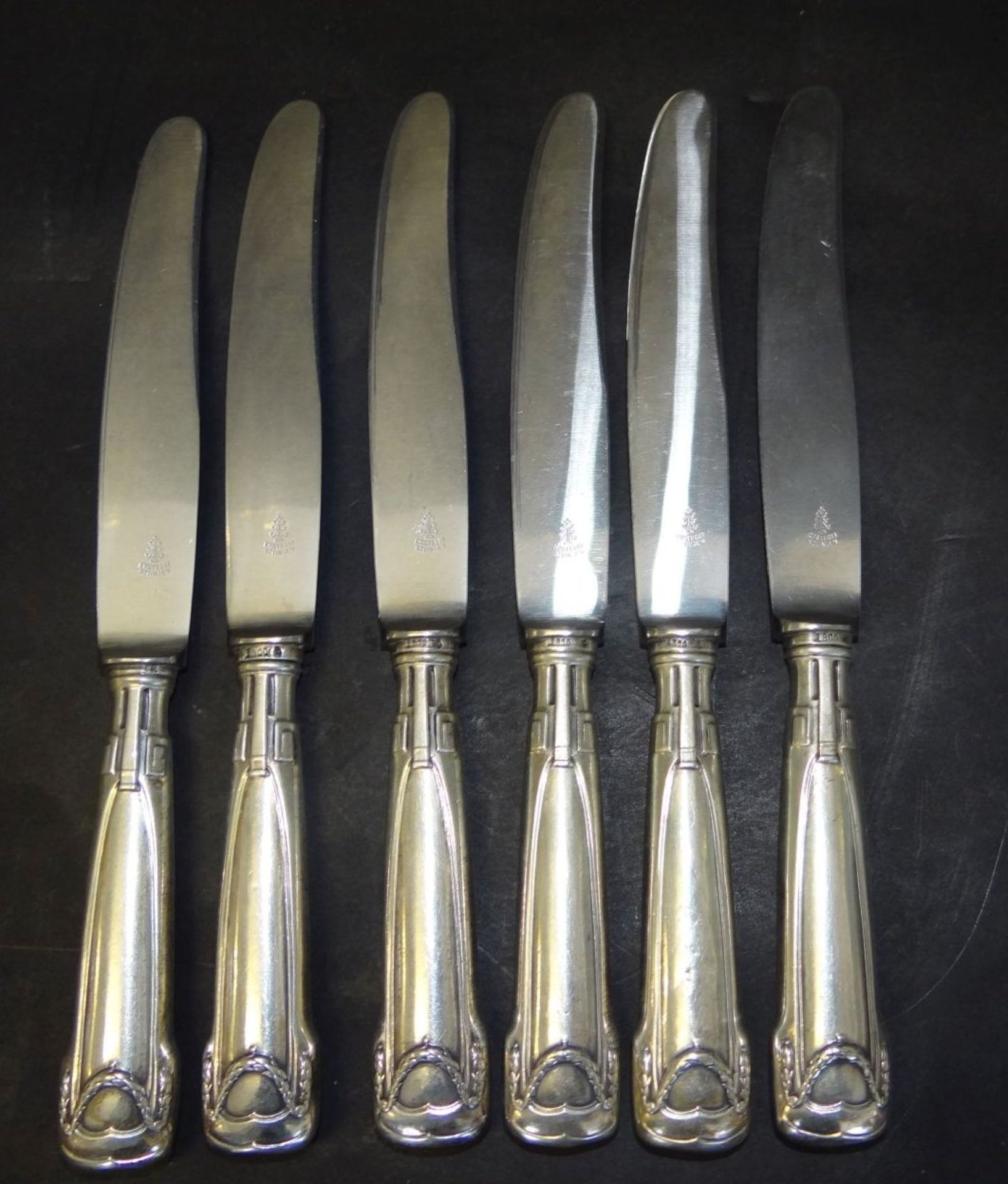 6 Jugendstil-Messer mit Silbergriffen-800-, L-21 cm