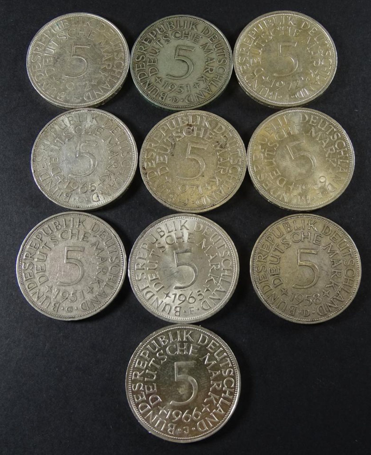 Kursmünzen 10 x 5 DM,Deutsche Mark,= 50D