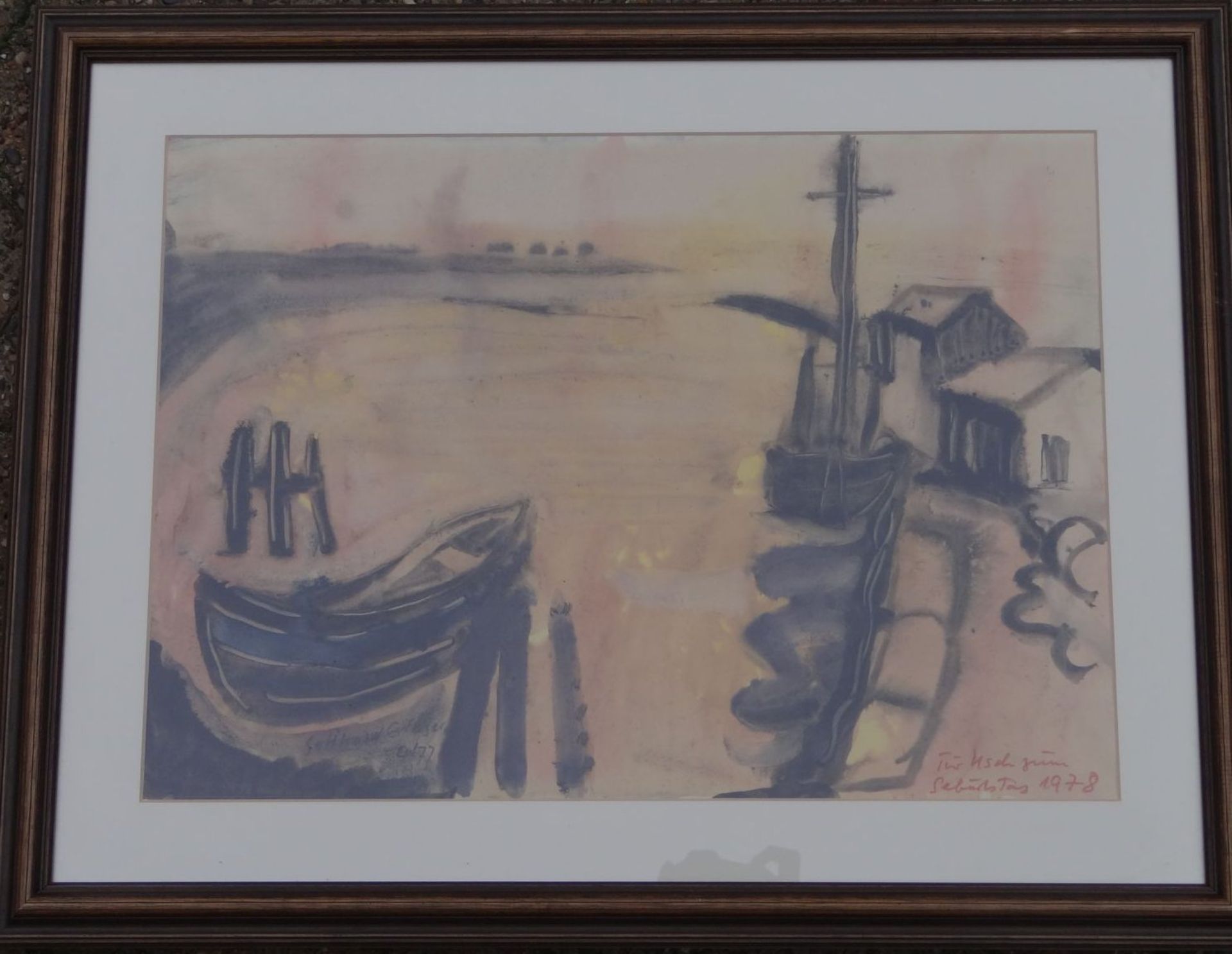 Gotthold Glazer, 1977 "Boot im Hafen" Aquarell, mit Widmung, ger/Glas, RG 58x75 cm