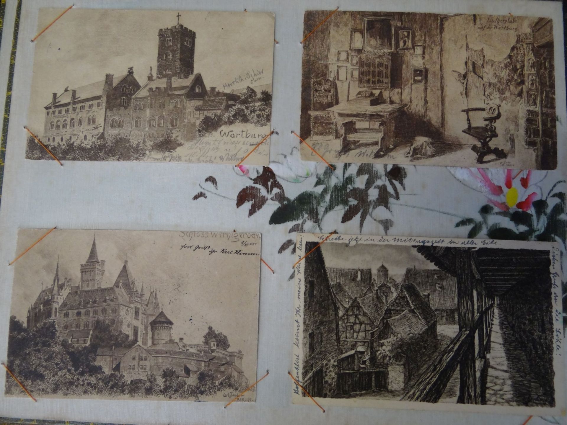 altes, beschädigtes Postkartenalbum mit 52 Postkarten, überwiegend alles orig. Radierungen, 27x35 - Bild 5 aus 9