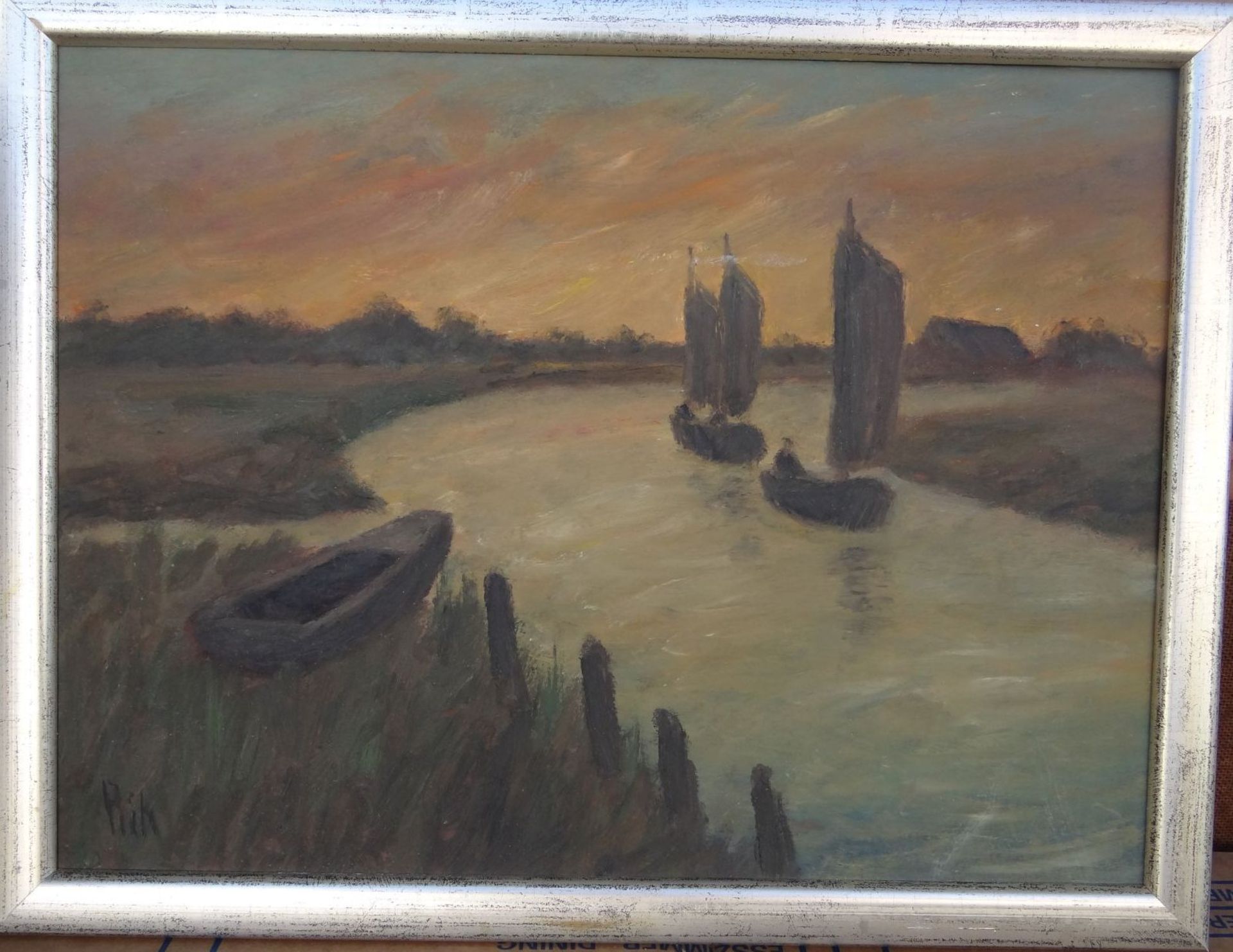 Hans PICK (1931-2014) "Boote auf der Hamme", Öl/Platte, gerahmt, RG 33x43 c - Bild 2 aus 4