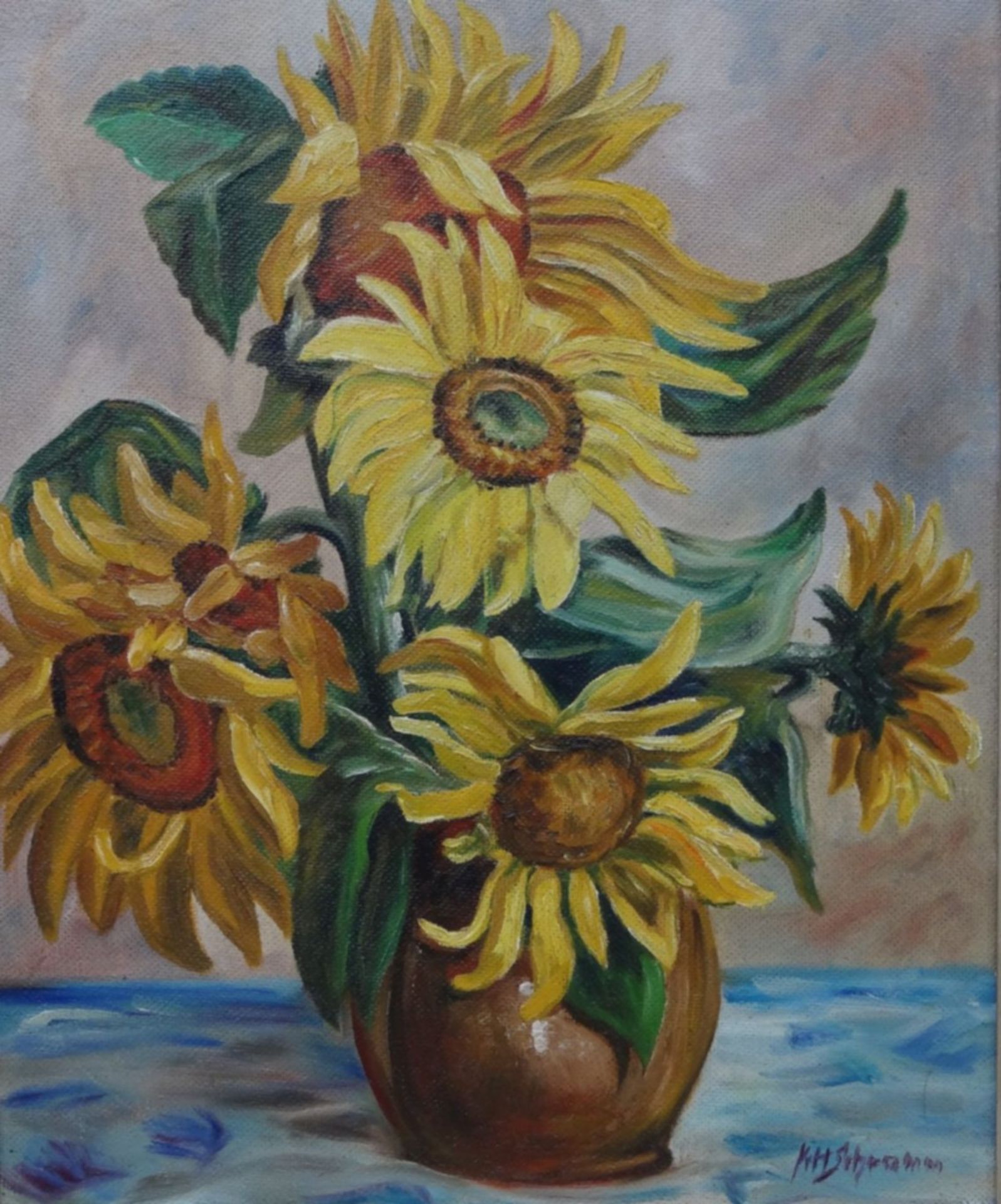 K.H. Schramm "Sonnenblumen", Öl/Malfaser, gerahmt, RG 66x53 c