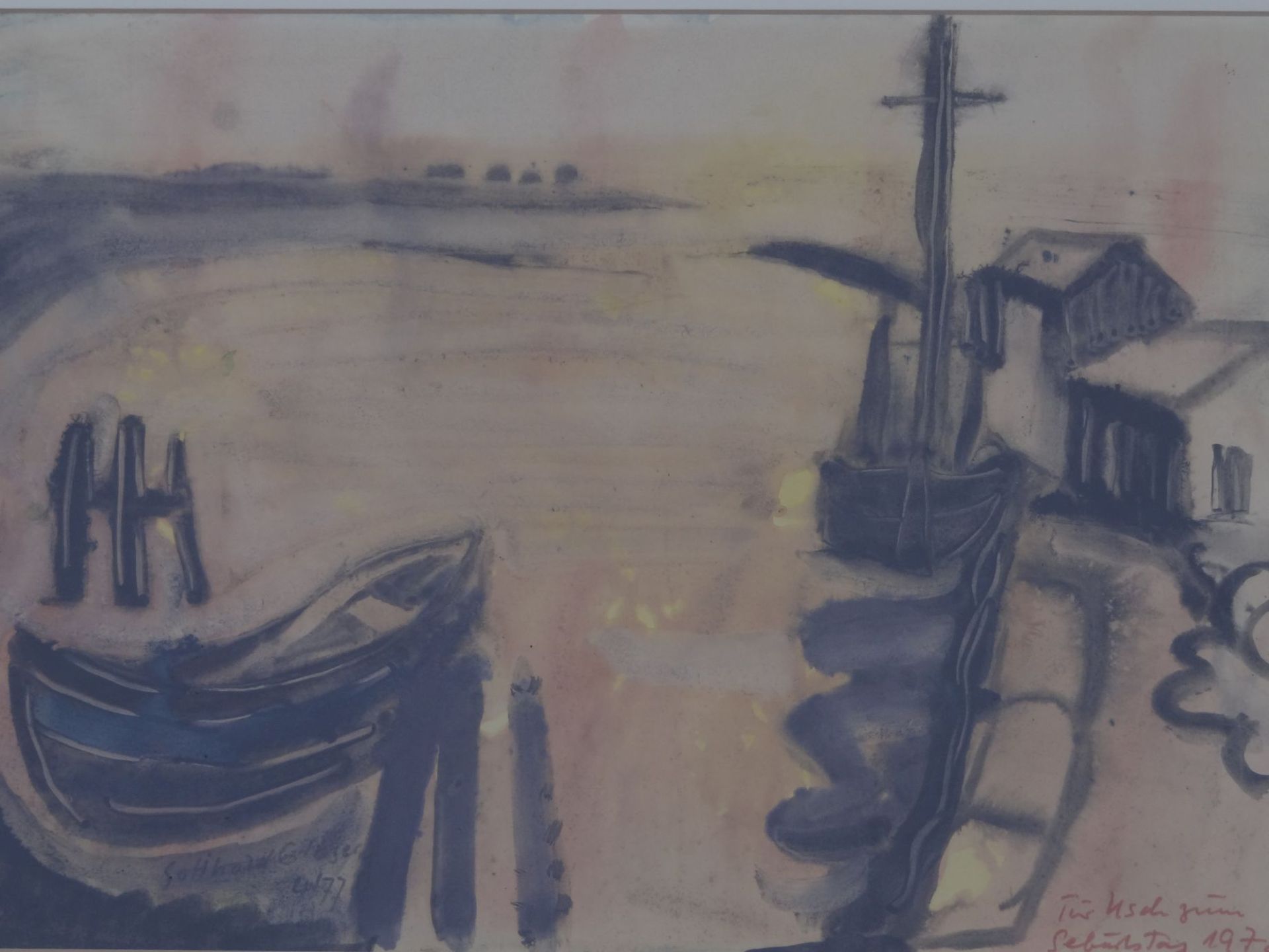 Gotthold Glazer, 1977 "Boot im Hafen" Aquarell, mit Widmung, ger/Glas, RG 58x75 cm - Bild 2 aus 5