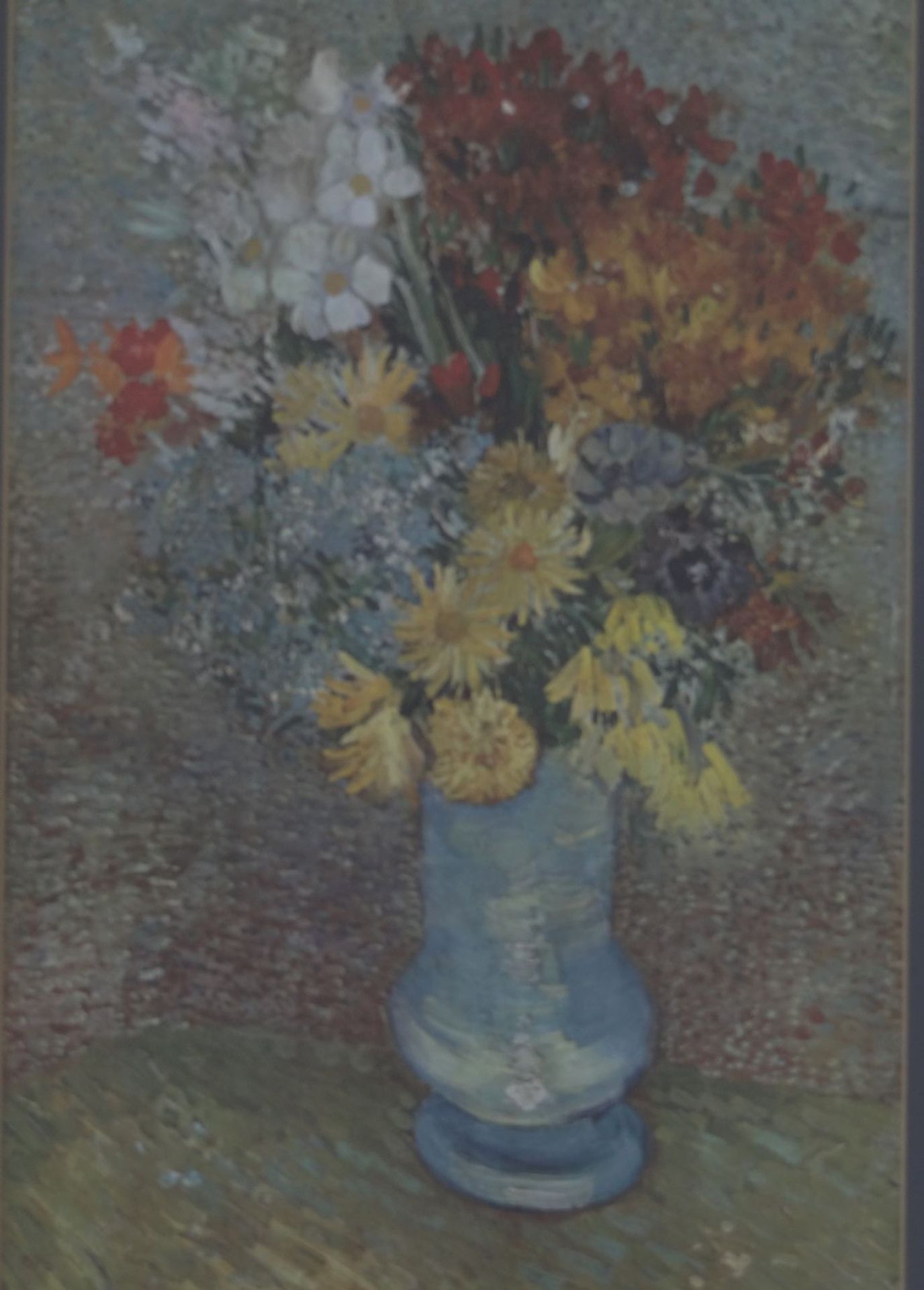 grosser Kunstdruck, Blumen in blauer Vase nach van Gogh, ger/Glas, RG 74x55 cm - Bild 2 aus 3