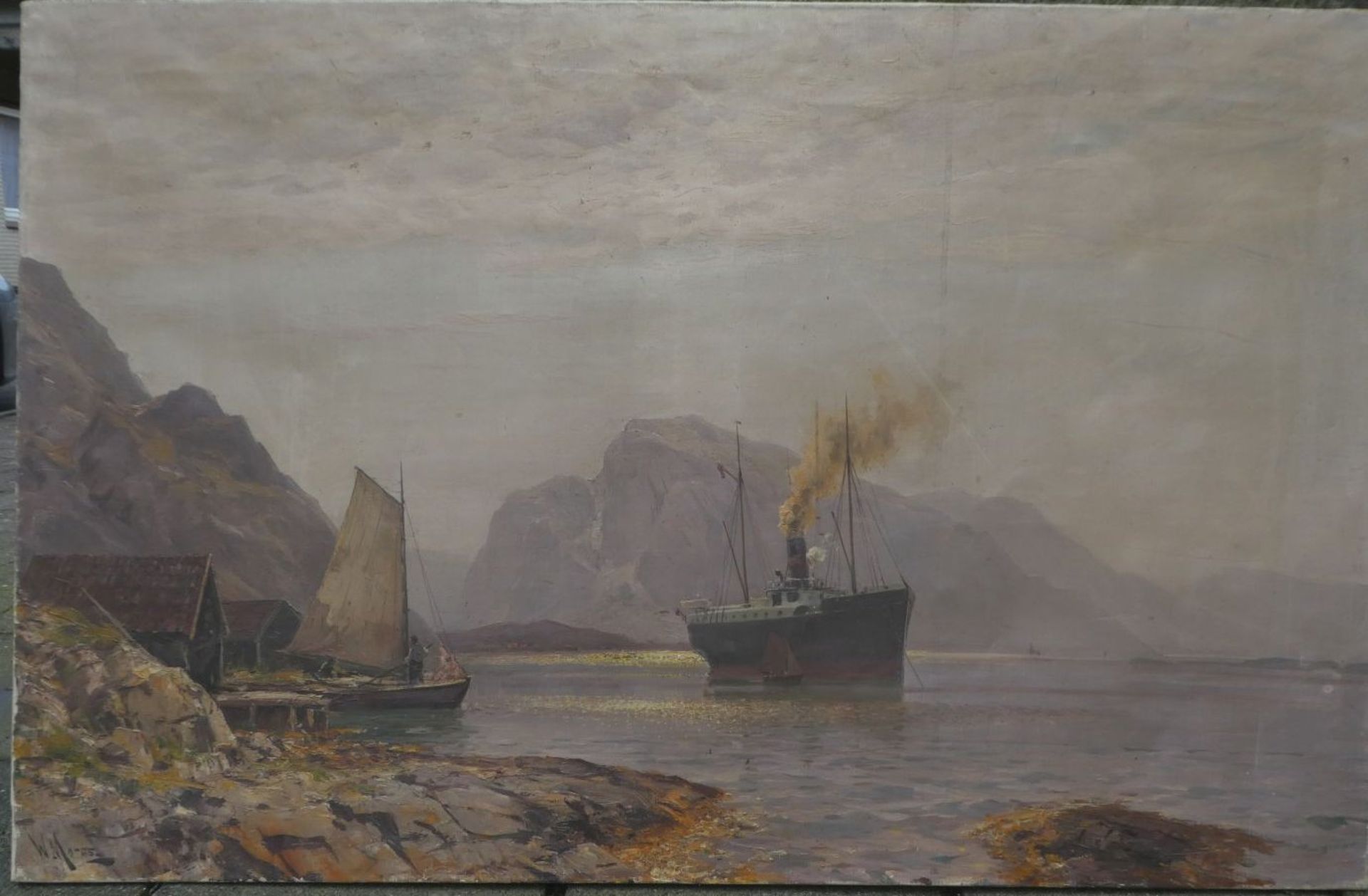 Walter MORAS (1856-1925) "Fjordlandschaft mit Postdampfer", Öl/Leinen, reinigungsbedürftig, 81x126 - Bild 2 aus 5