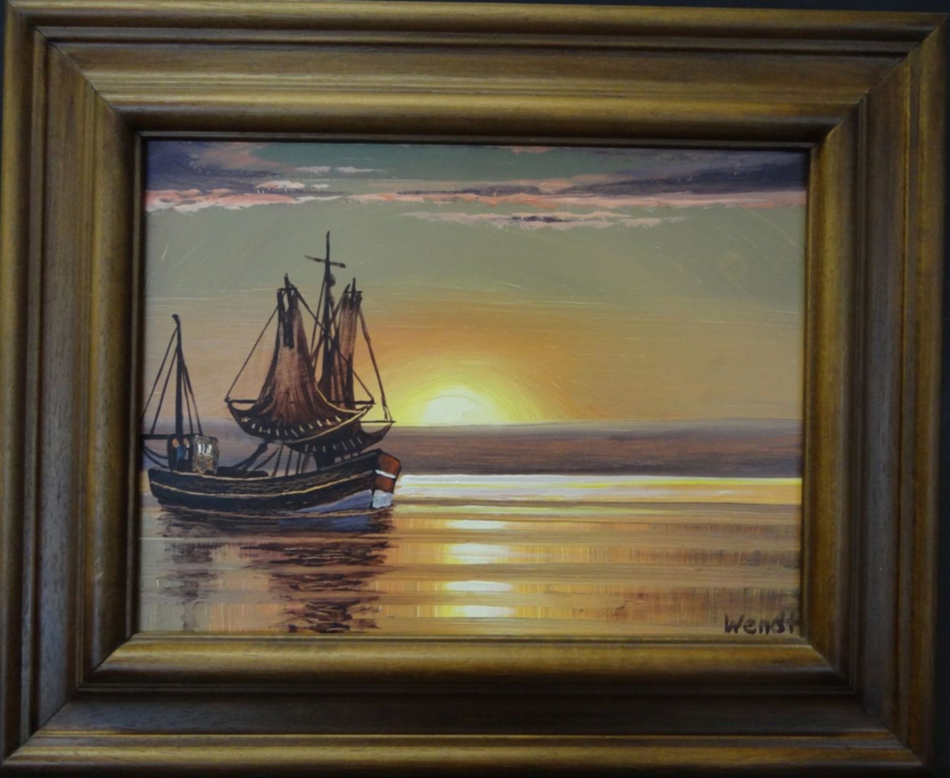 Willi Wendt (geb. 1920) "Fischkutter im Watt bei Sonnenuntergang", Öl/Platte, gerahmt, RG 25x31 c - Bild 2 aus 4