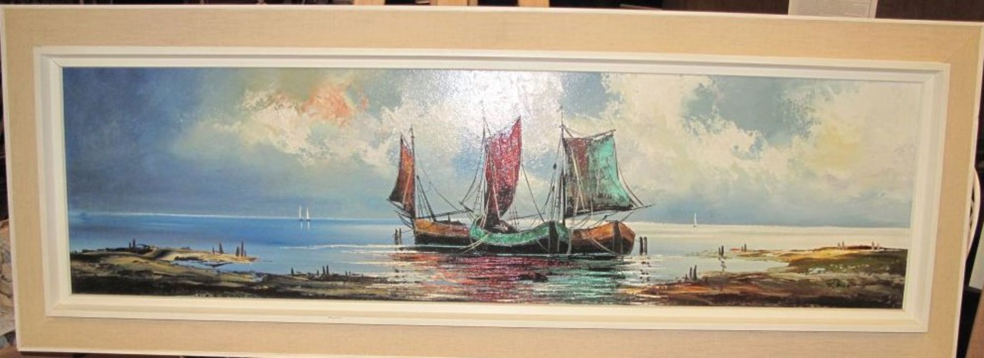 Rene "Fischerboote am Strand", Öl/Hartfaser, gerahmt, RG 51 x 141cm. - Bild 3 aus 3