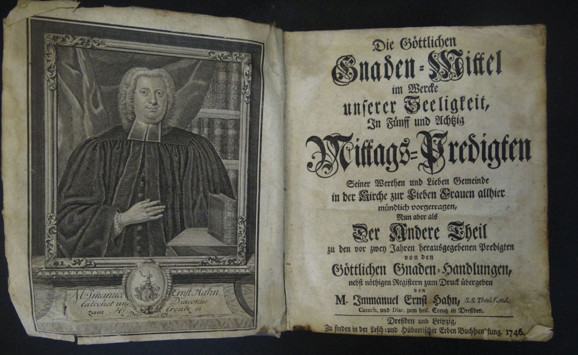 "Die göttlichen Gnaden-Mittel... 85 Mittags-Predigten" 1746, Ledereinband der Zeit, Gebrauchsspuren,