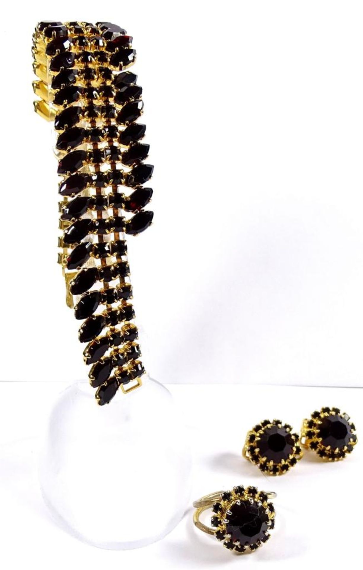 Granat Schmuck Set, vergoldet, Armband,Ohrclips und Ring