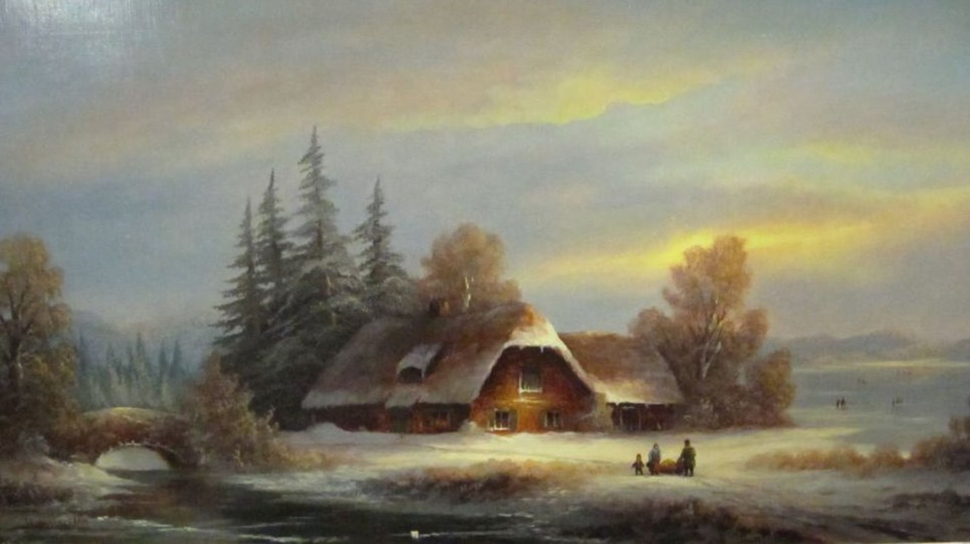 Vermeulen "Gehöft im Winter", Öl/Holz, gut gerahmt, RG 44 x 74cm