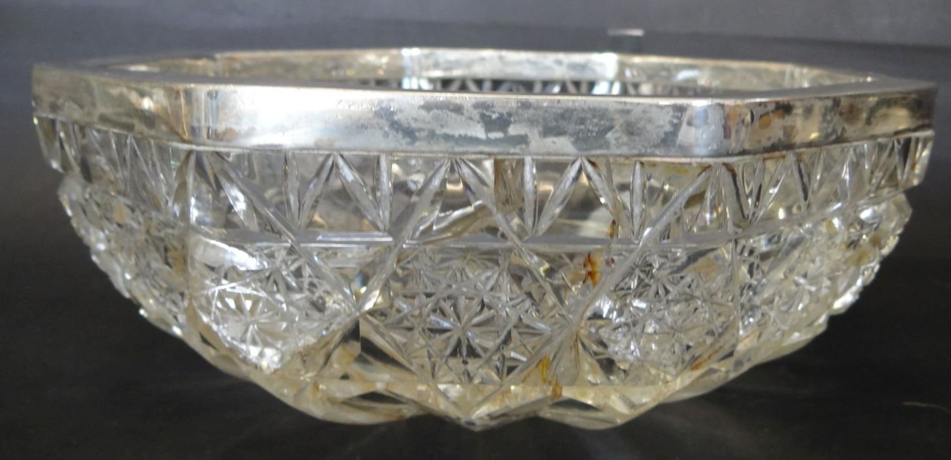 schwere Kristallschale mit massiven Silberrand-800-, Glas mehrfach gerissen, geklebt, aber stabil, - Bild 2 aus 5