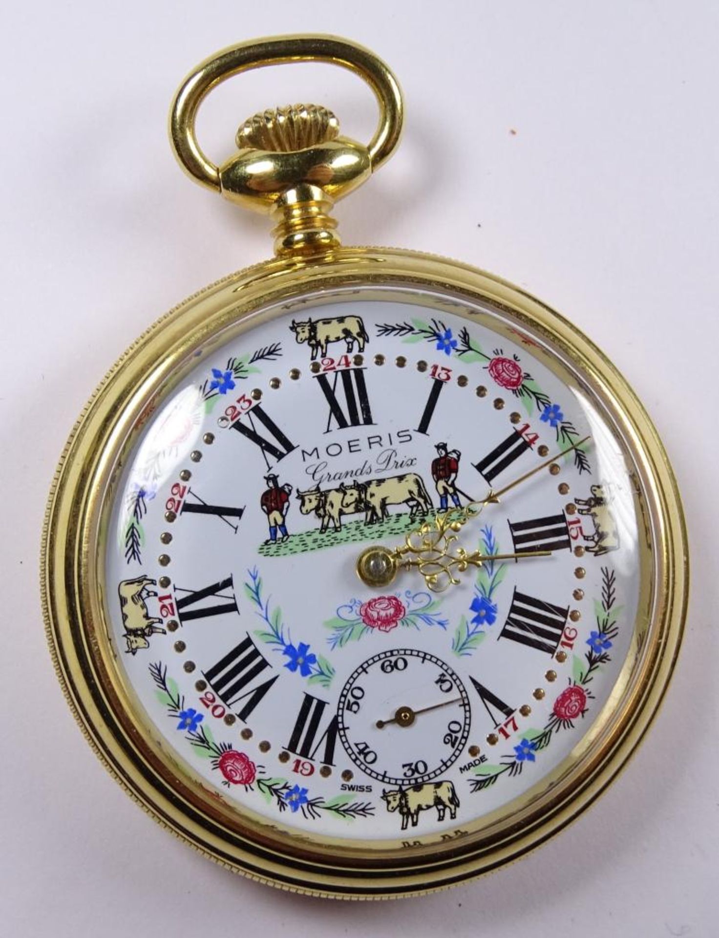 Taschenuhr "Moeris -Grands Prix",vergoldet,Handaufzug,Werk läuft,d-52mm,bäuerliche Moti