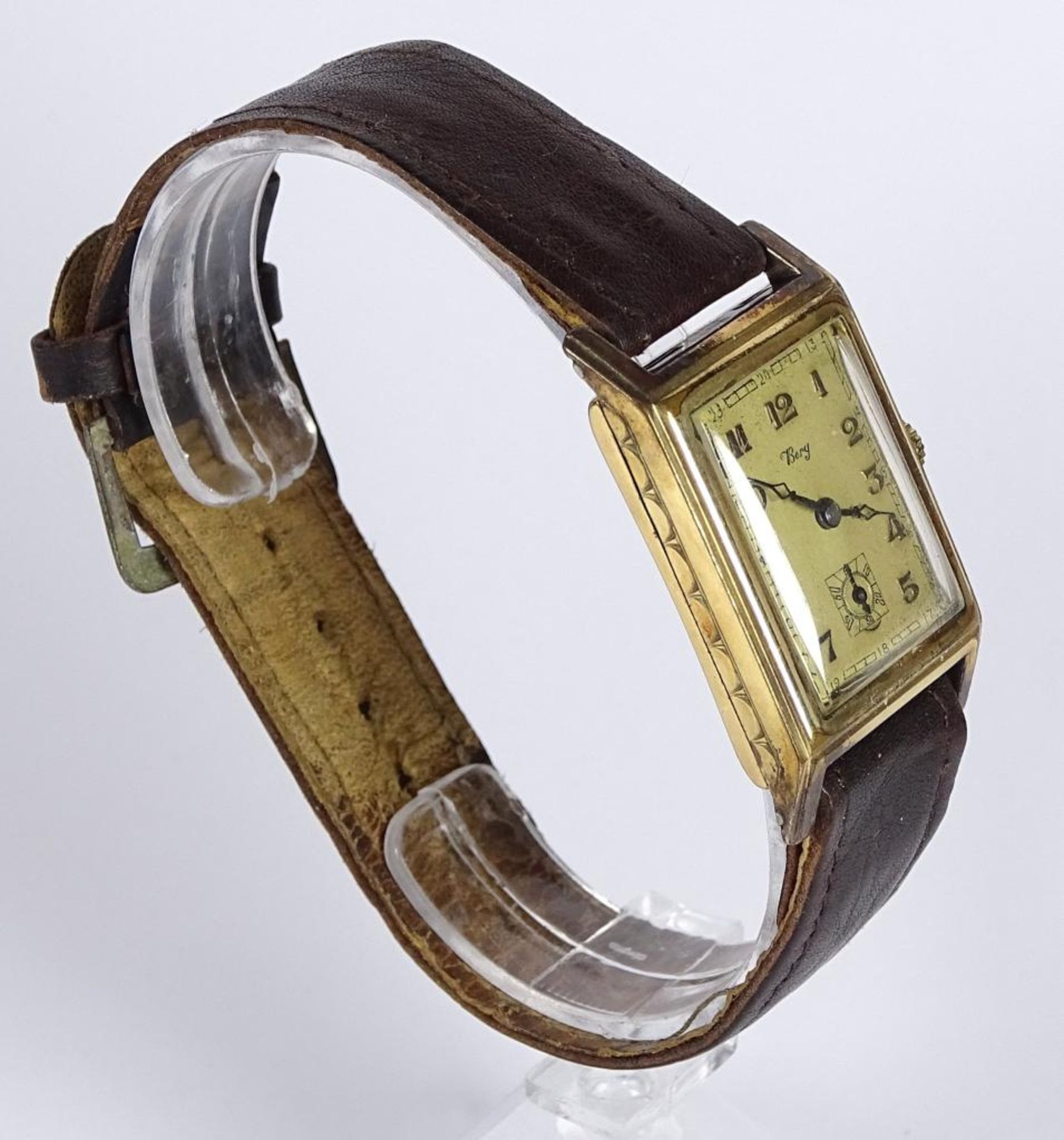Armbanduhr "Berg",Handaufzug,Werk steht,vergoldet,Gehäuse 25x30mm,Alters-u. Gebrauchsspure - Bild 3 aus 4
