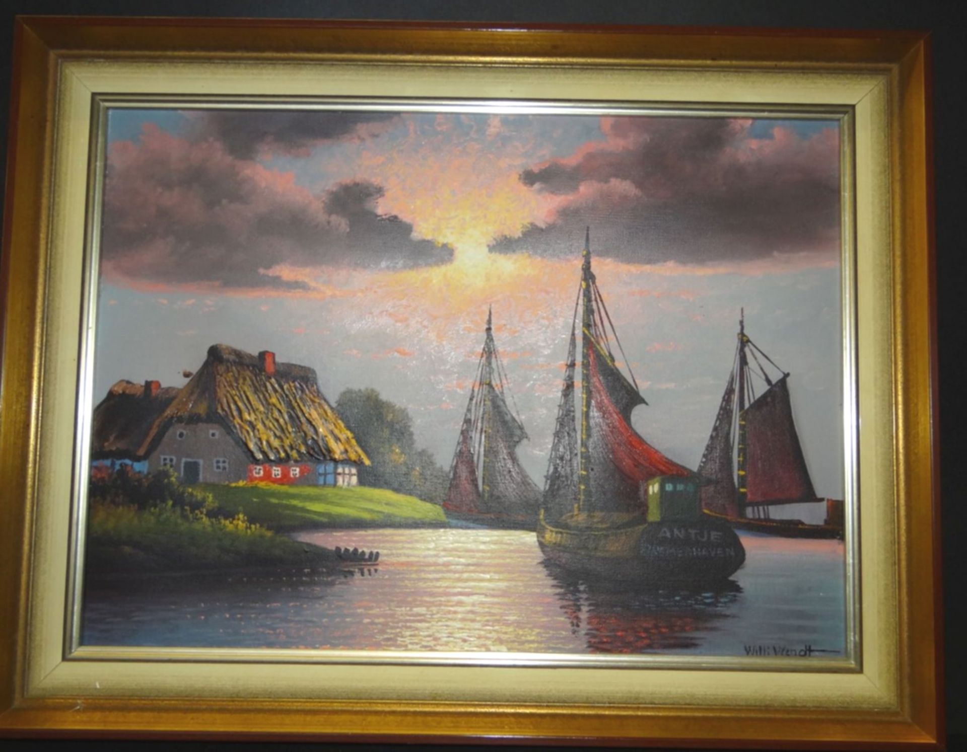 Willi Wendt (geb. 1920) "Fischerboote am Ufer in Bremerhaven", Öl/Leinen, gerahmt, RG 37x47 c - Bild 2 aus 4