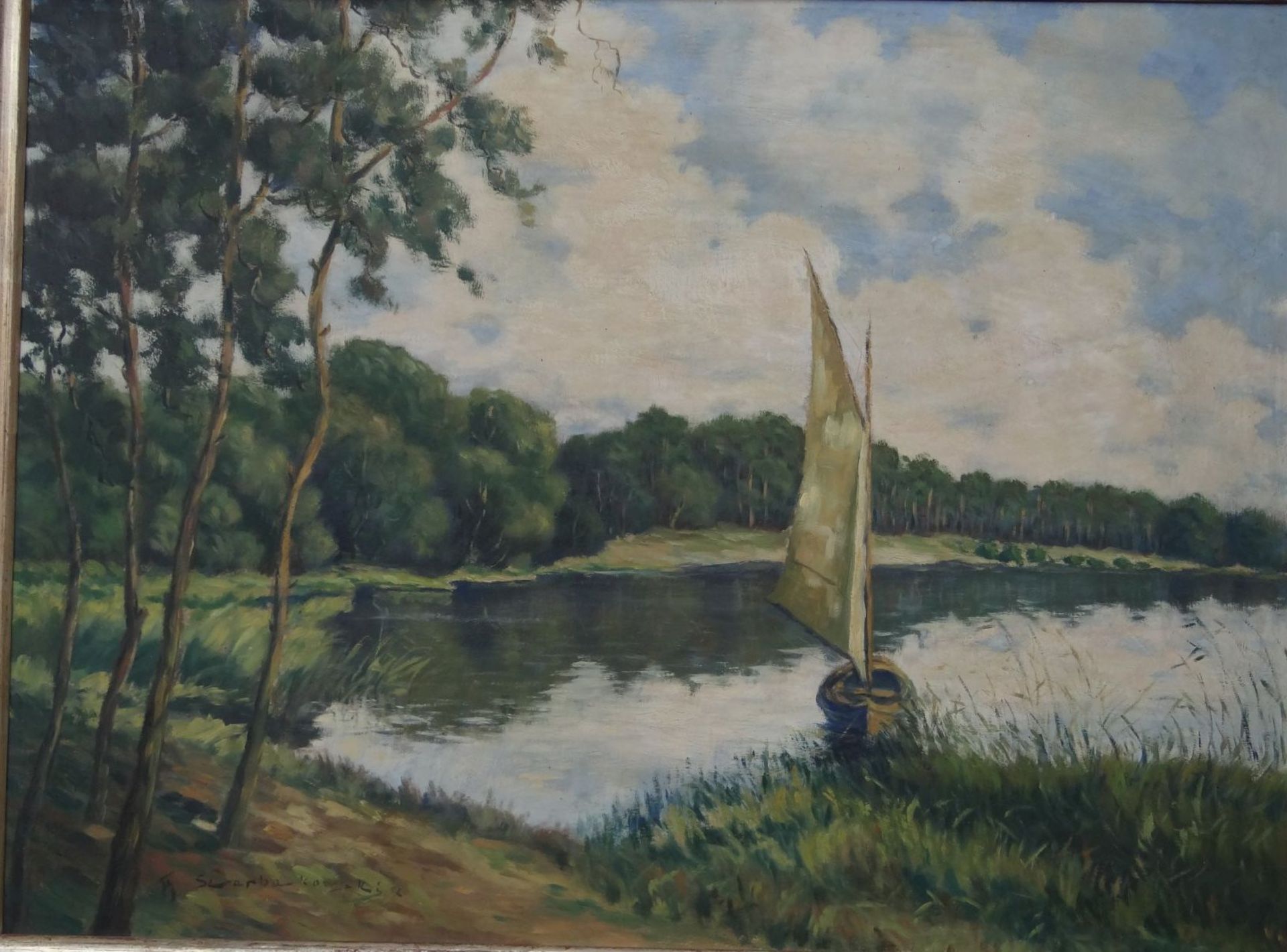 Fedor SZERBAKOWSKI , 1952 (1911-2009) "Boot am Ufer", grosses Gemälde, Öl/Platte, gerahmt, RG
