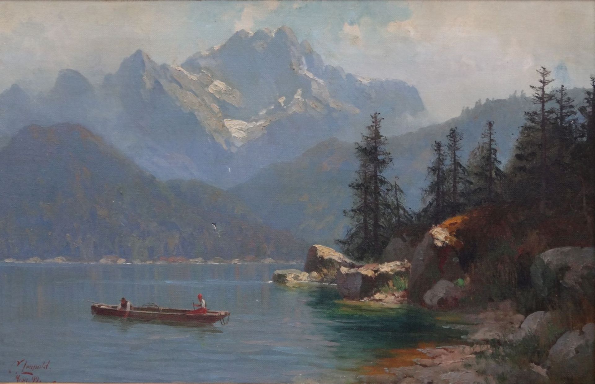 Curt LEOPOLD (1860-1946), 1899 "Eibsee mit Zugspitze" Öl/Leinen (kl. Riss), breit gerahmt, RG