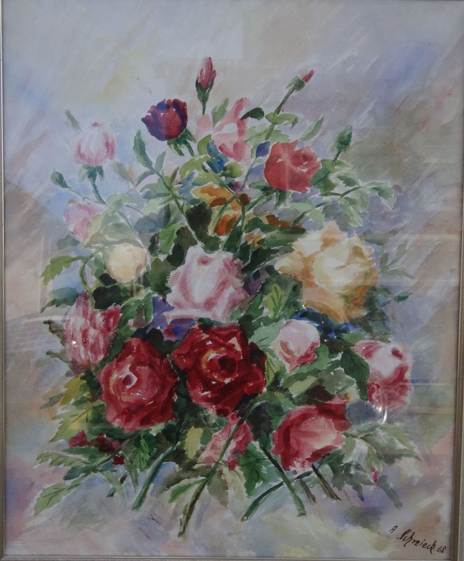 A. Schreieck, 1968 "Blumen" Aquarell, ger/Glas, RG 53x43 cm