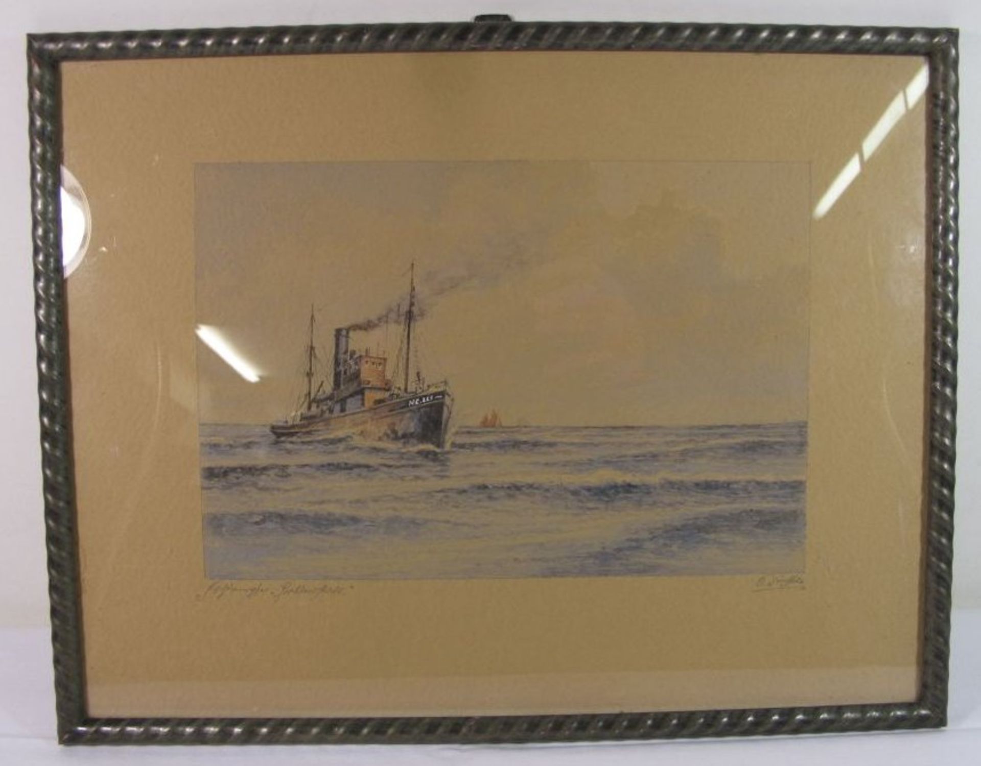 Paul DÜYFFCKE (1847-1910) "Fischdampfer HC220", Aquarell, alt gerahmt/Glas, RG 44 x 34cm. - Bild 2 aus 4