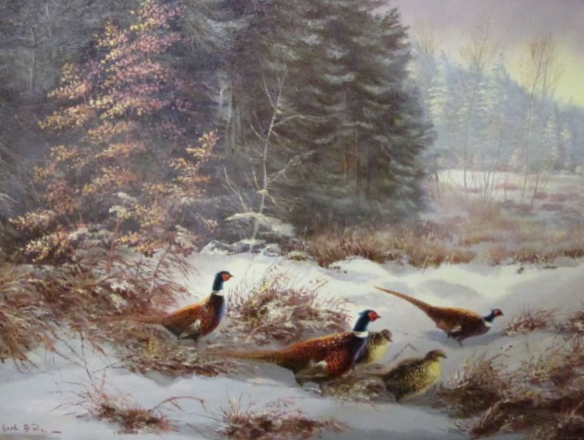 Gerhard BLUHM (XX) "Fasane im Winter", Öl/Holz, gerahmt, RG 41,5 x 51,5cm.