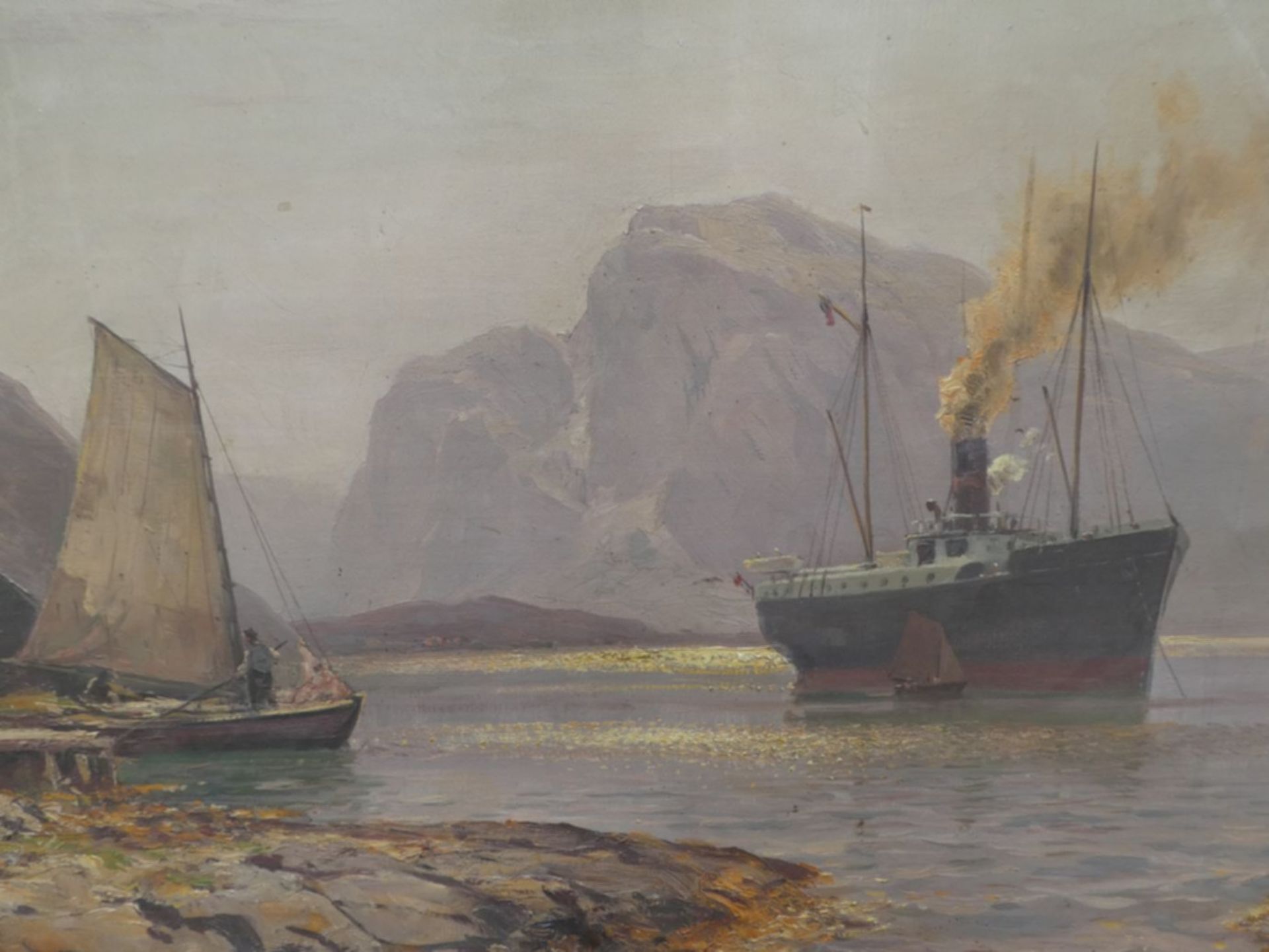 Walter MORAS (1856-1925) "Fjordlandschaft mit Postdampfer", Öl/Leinen, reinigungsbedürftig, 81x126