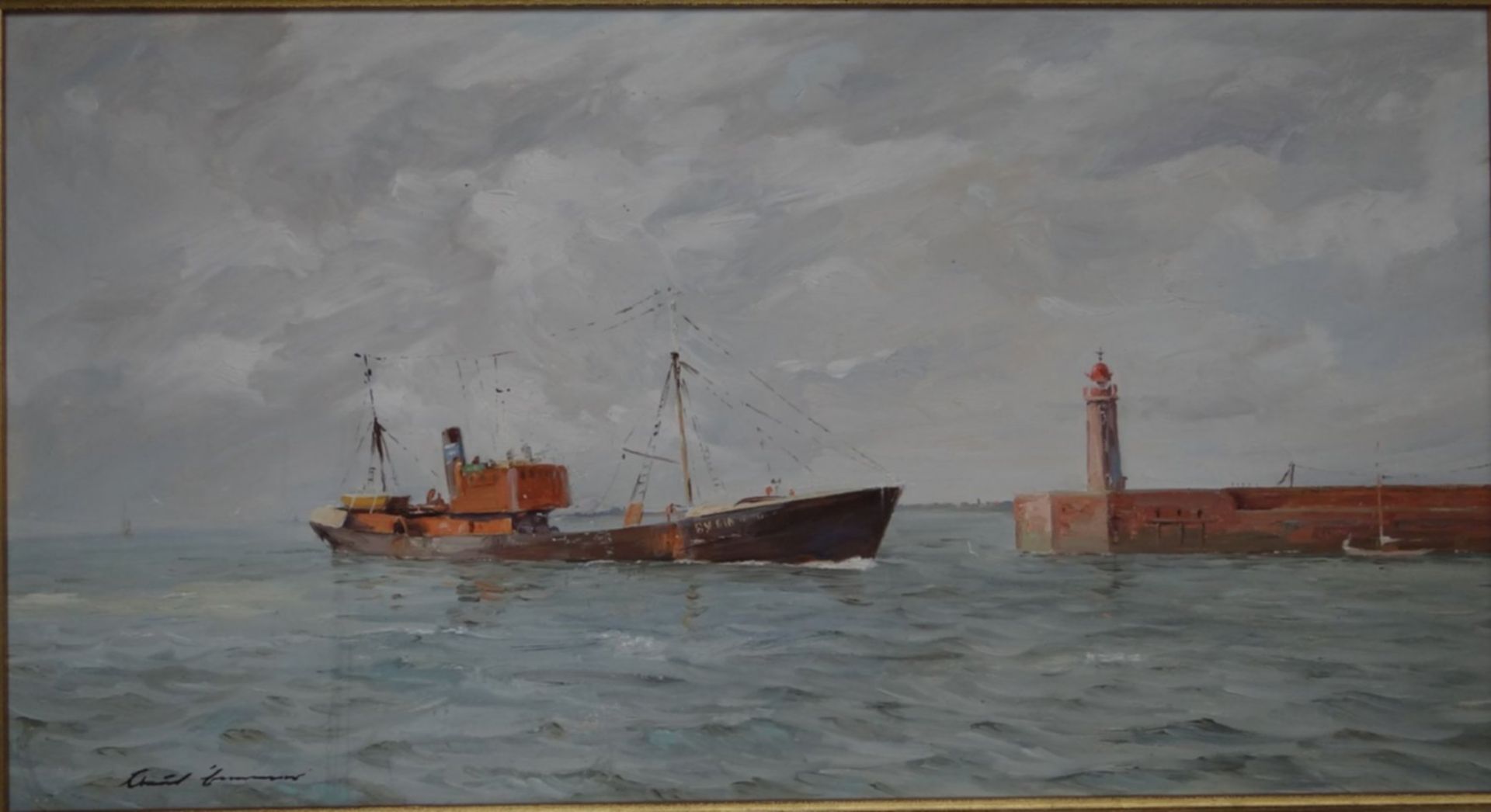 Klaus BEMMER (1921-1979) "Schiff vor Mole Bremerhaven", Öl/Malfaser, gerahmt, RG 61x105 c
