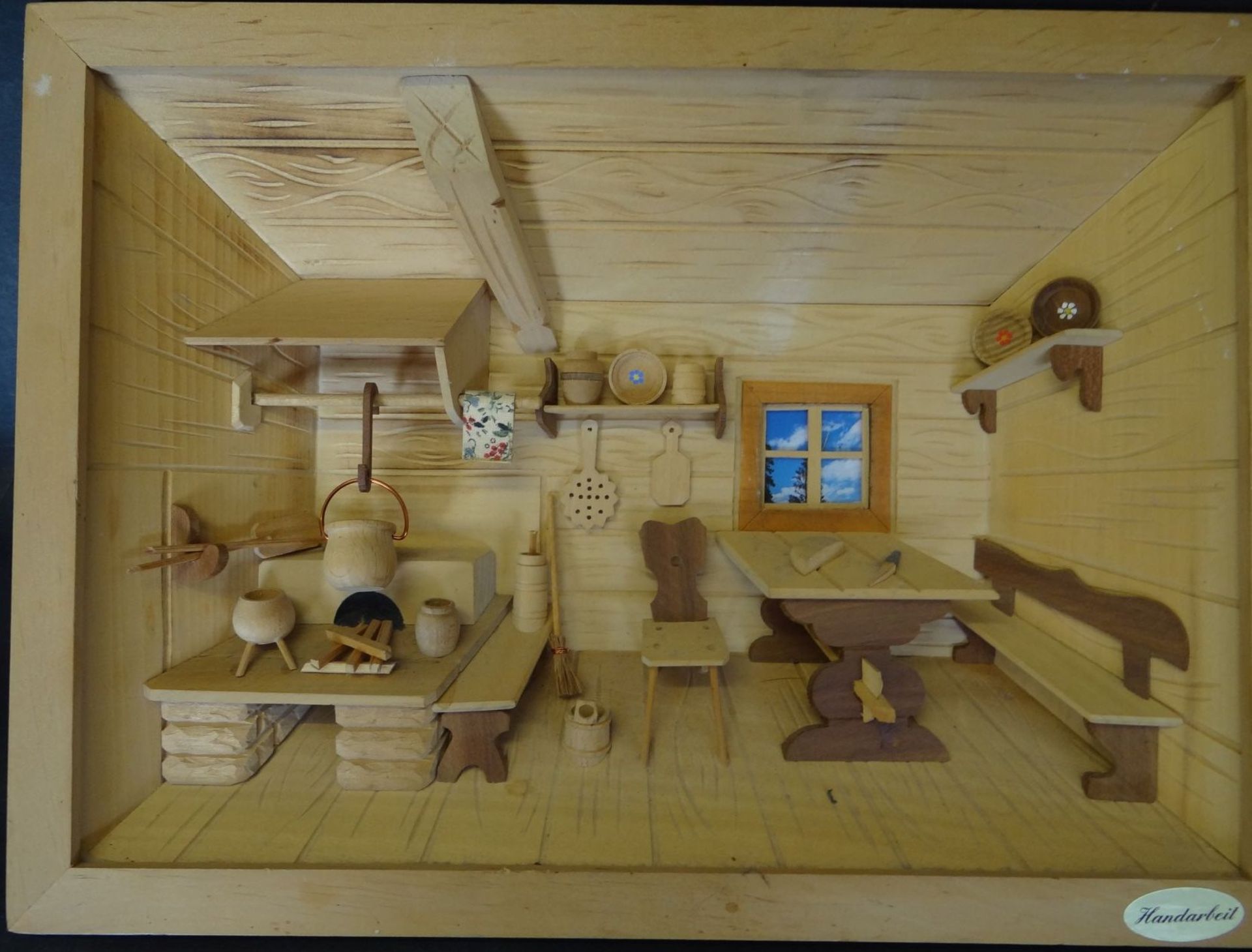 Wandbild "Bauernstube" aus Lindenholz geschnitzt, 23,5x31,5 cm