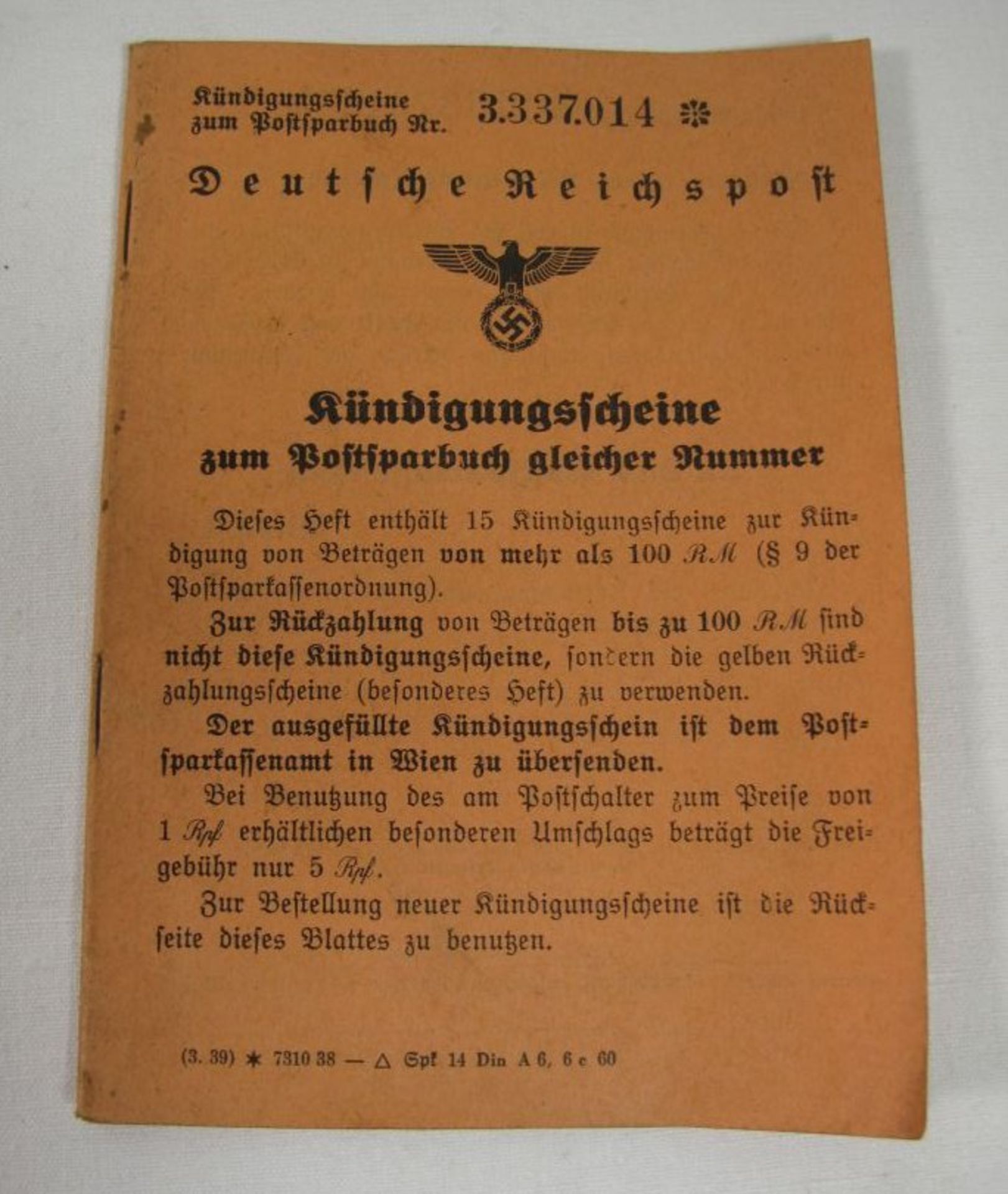 Kündigungsscheine zum Postsparbuch gleicher Nummer, 3. Reich