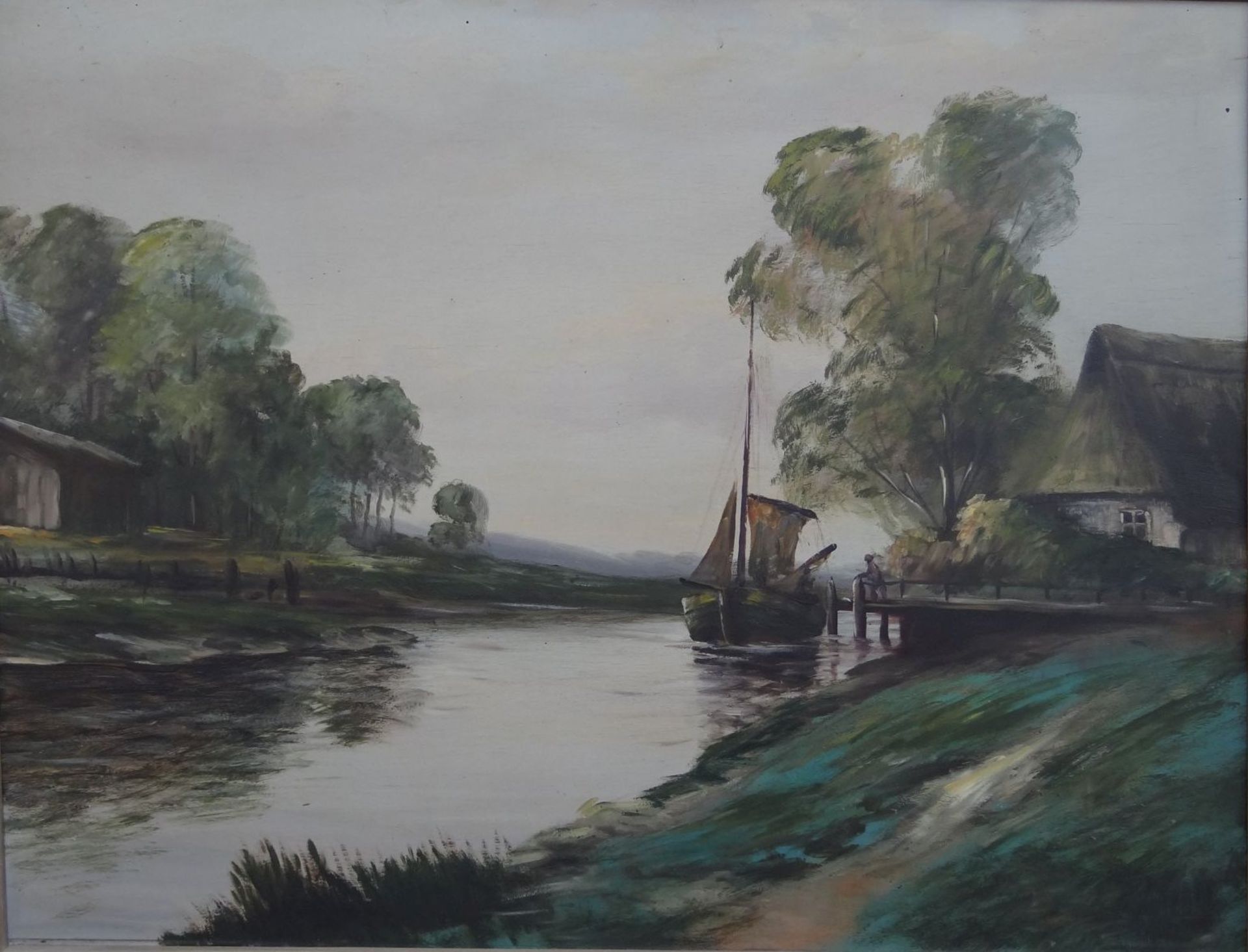 anonym, "Boot am Ufer" wohl Altes Land, Öl/Malfaser, gerahmt, RG 56x70 c