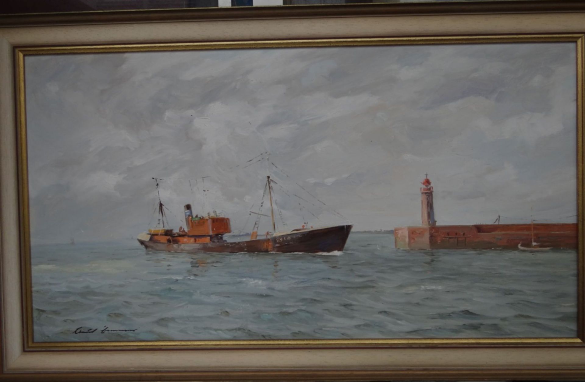 Klaus BEMMER (1921-1979) "Schiff vor Mole Bremerhaven", Öl/Malfaser, gerahmt, RG 61x105 c - Bild 2 aus 4