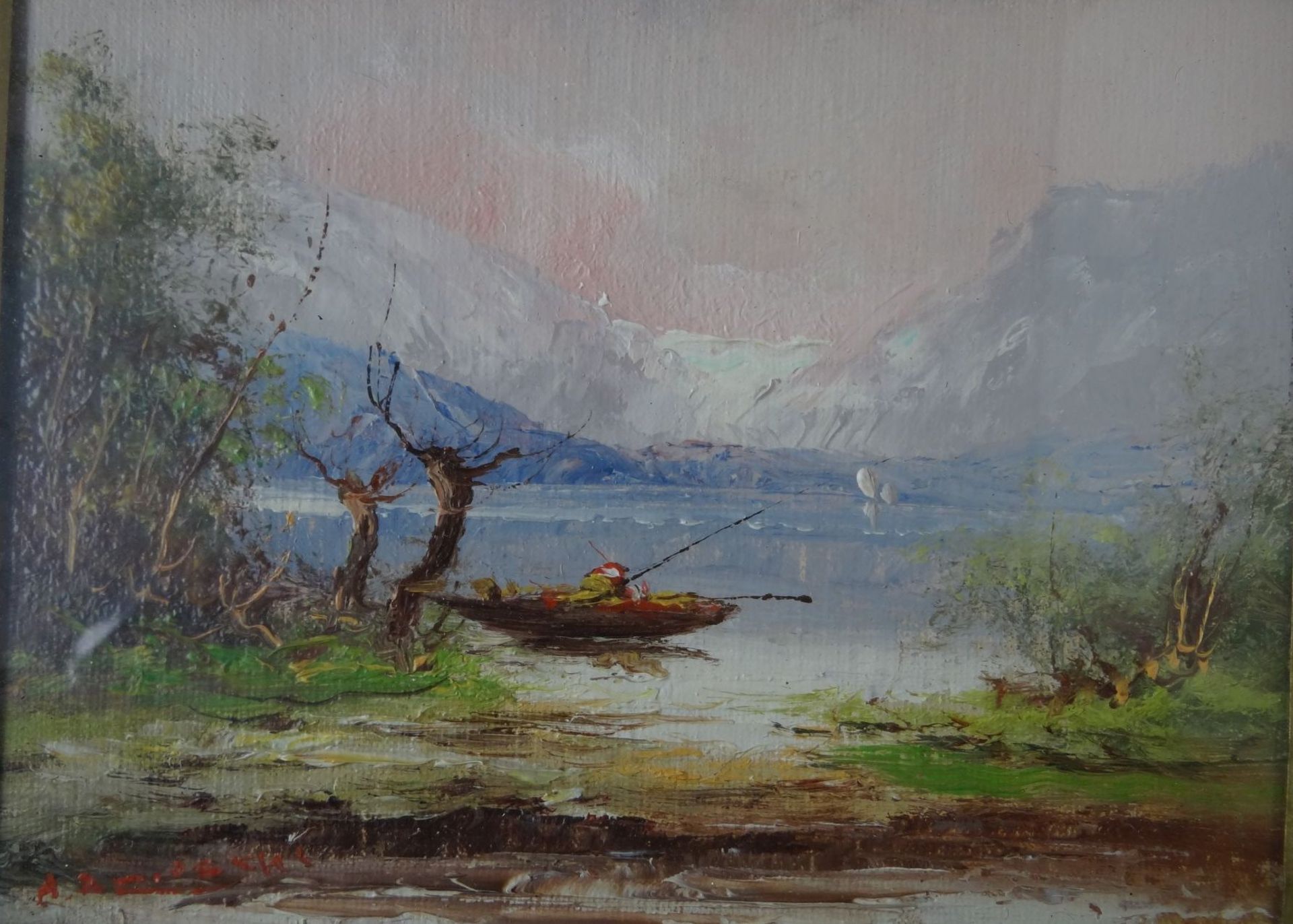 Anton BRIOSCHI (1855-1920) "Fischerboot am Ufer" Öl/Platte, ger/Glas, RG 30x35 c - Bild 2 aus 4