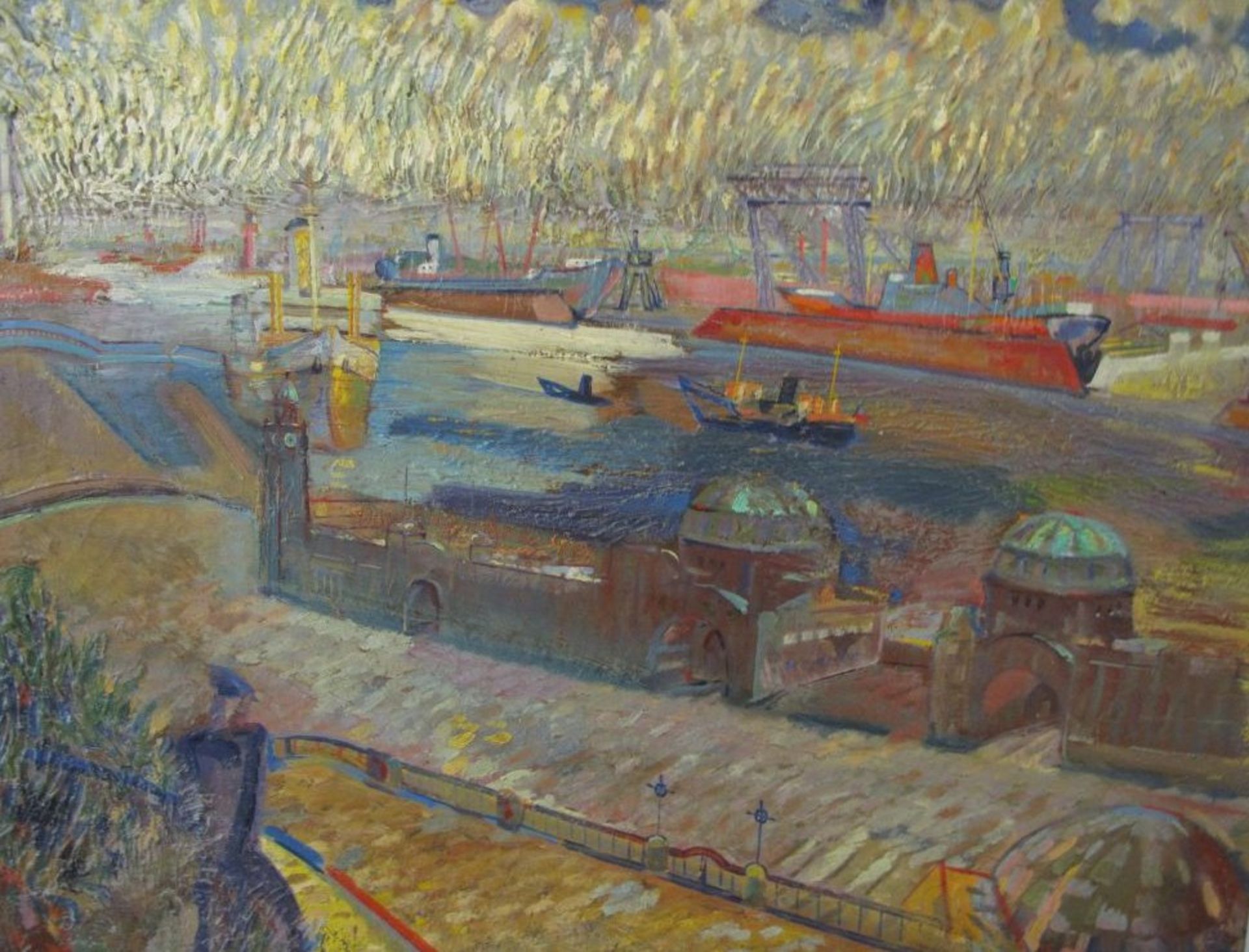 unsign. "Hamburger Hafen", Öl/Leinwand, ungerahmt, 60 x 80cm.