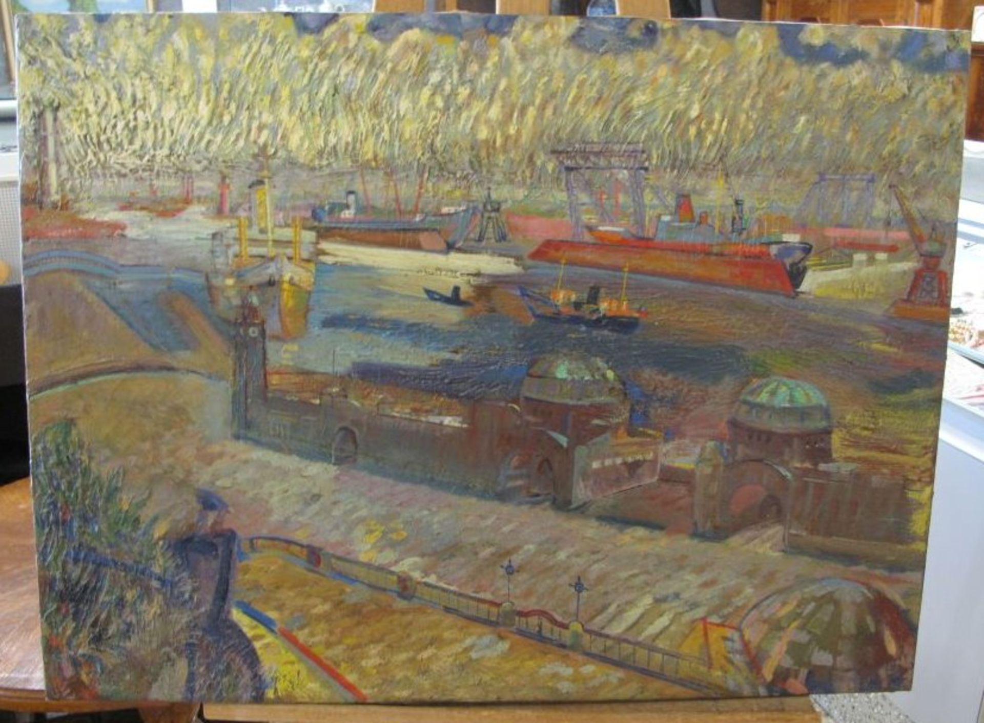 unsign. "Hamburger Hafen", Öl/Leinwand, ungerahmt, 60 x 80cm. - Bild 2 aus 2