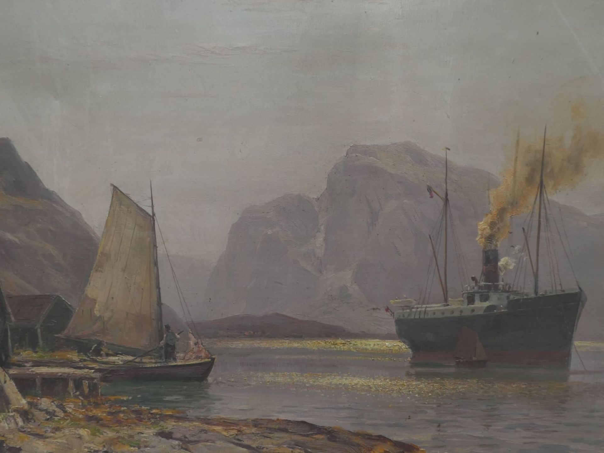 Walter MORAS (1856-1925) "Fjordlandschaft mit Postdampfer", Öl/Leinen, reinigungsbedürftig, 81x126 - Bild 5 aus 5