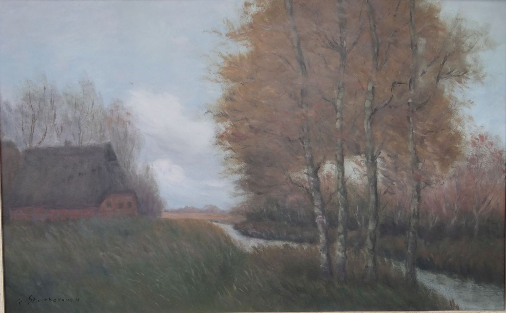 Fedor SZERBAKOW (1911-2009) "Gehöft im Teufelsmoor", grosses Gemälde, Öl/Platte, gerahmt, RG 72x106