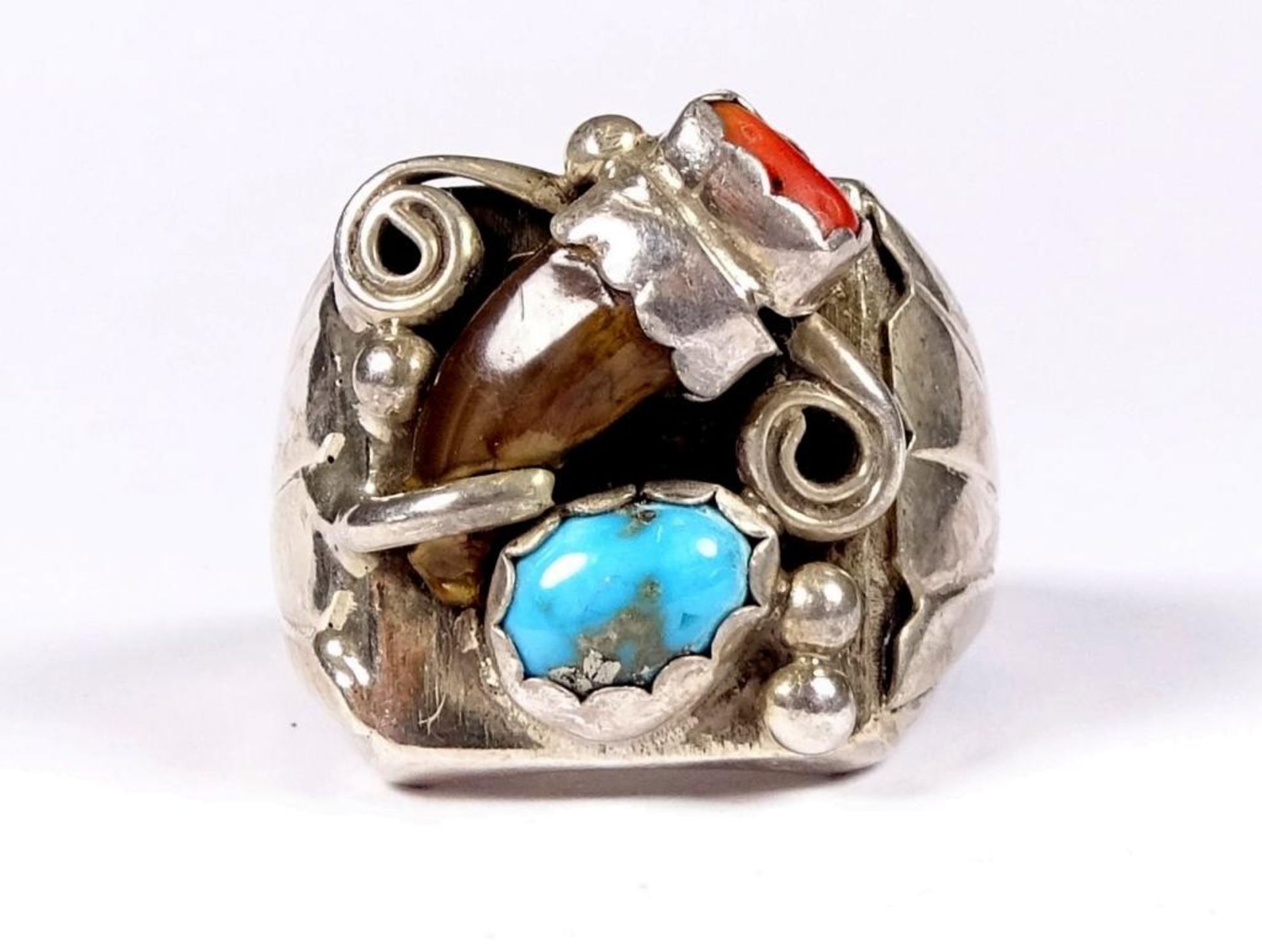 Sterling Silber Ring,Kralle,Koralle und türkis,17,8gr., RG 5
