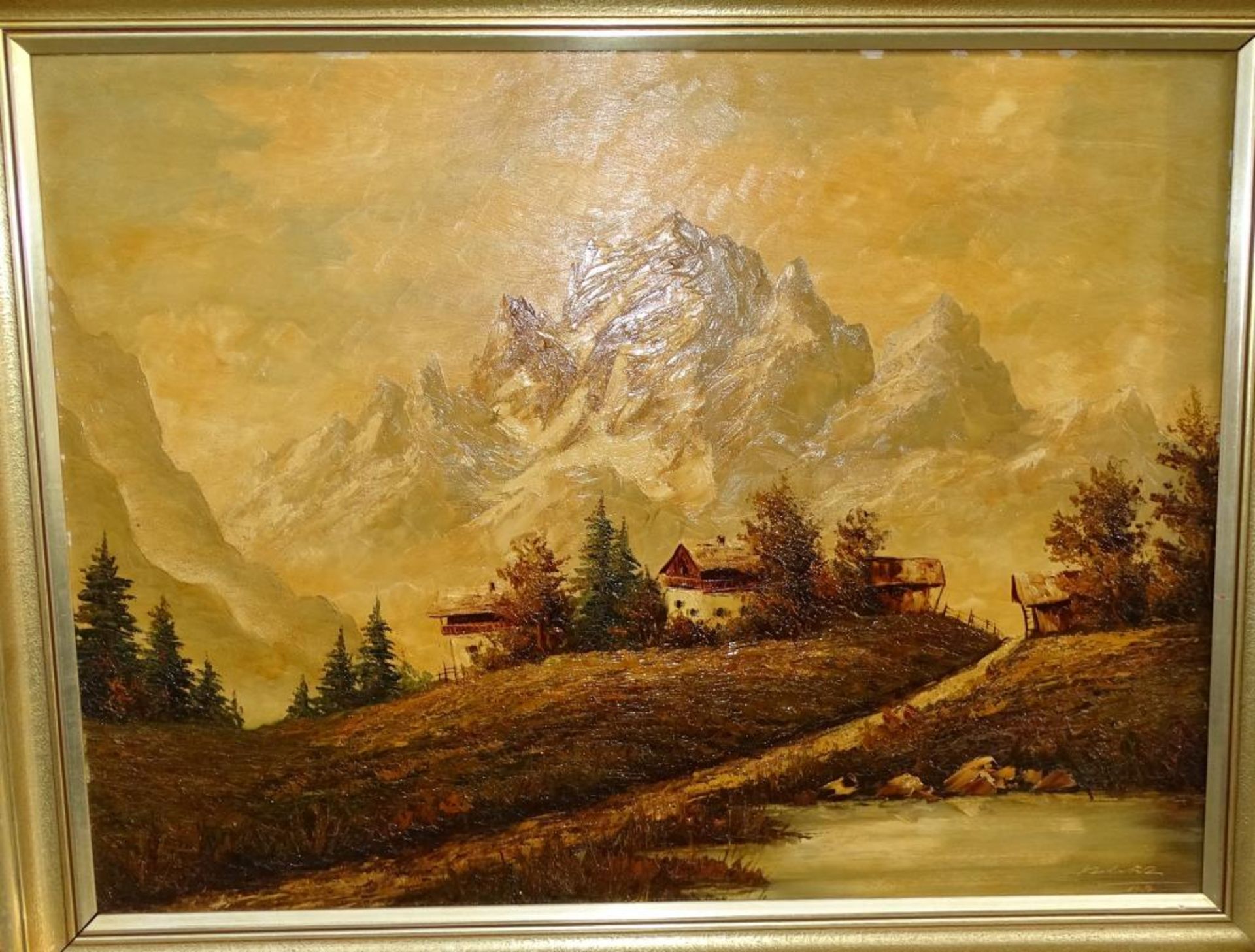 "Berghof",unleserlich signiert, 1958, Öl/Malfaser, RG 90x70c - Bild 3 aus 6