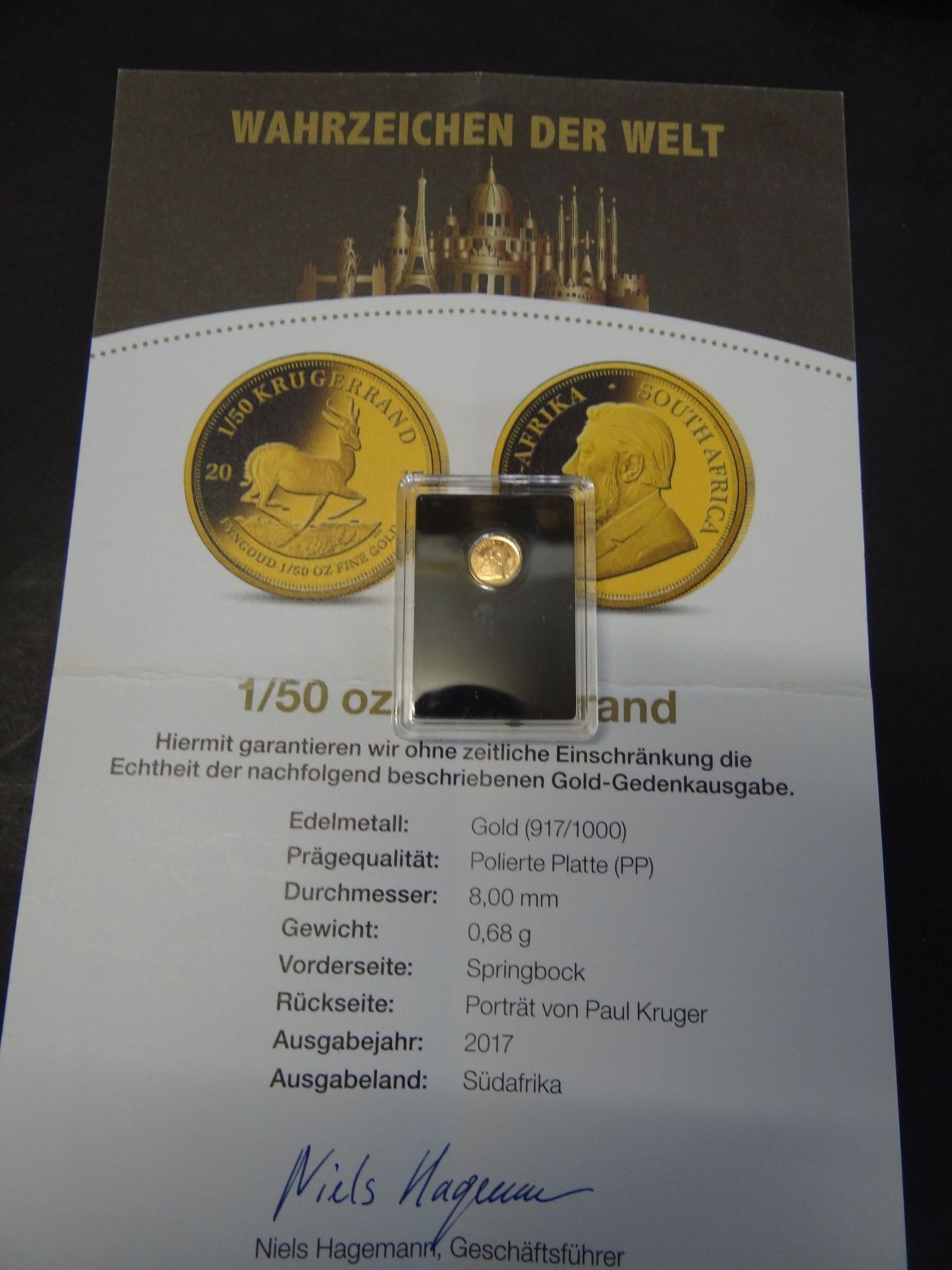 1/50 Unze Krügerrand, Gold-917-, 0,68 gr., mit Beschreibun