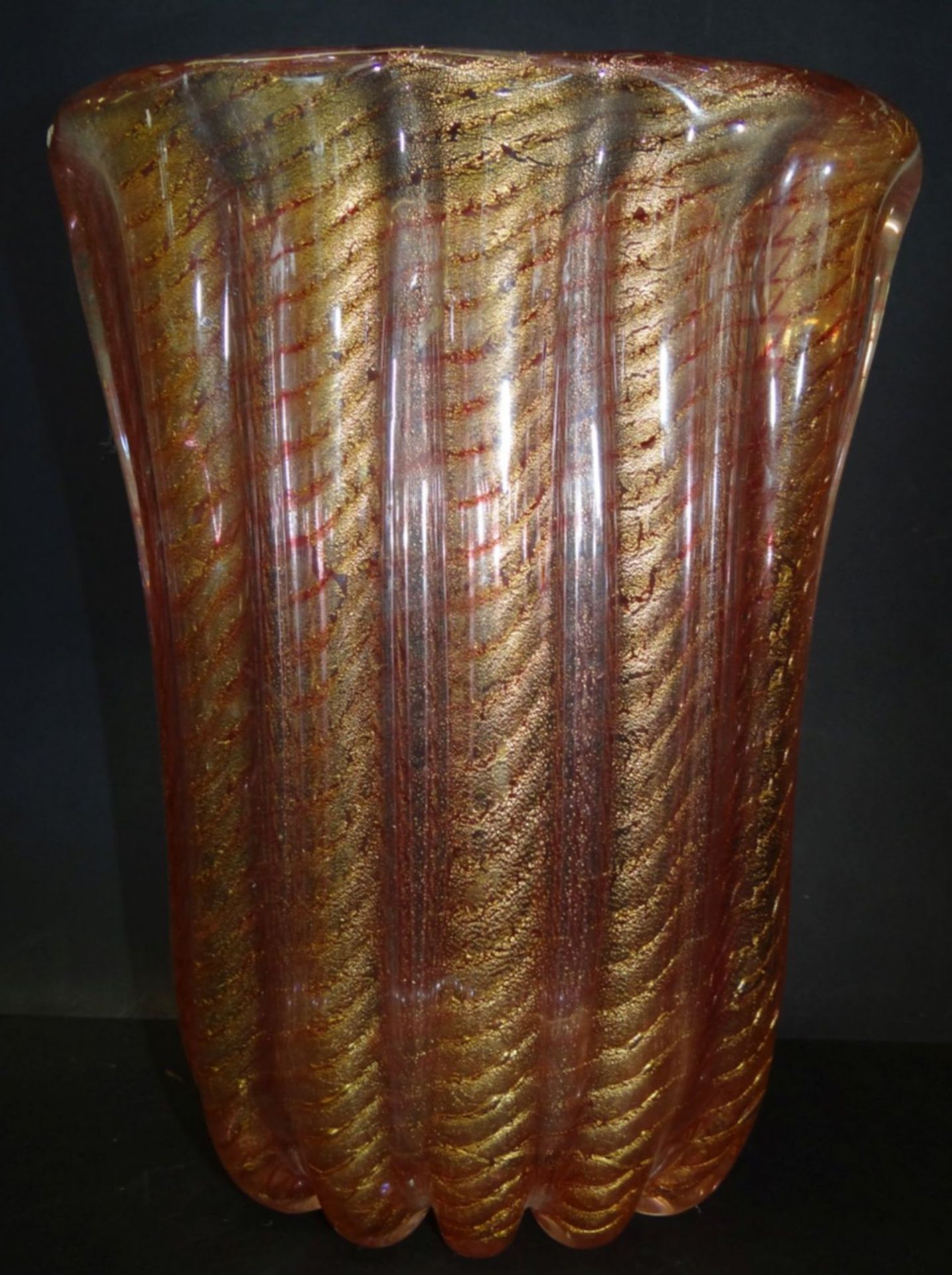 grosse ovoide Vase "Barovier&Toso", Murano, Goldeinschmelzzungen und rote Streifen, H-25 cm, B-20