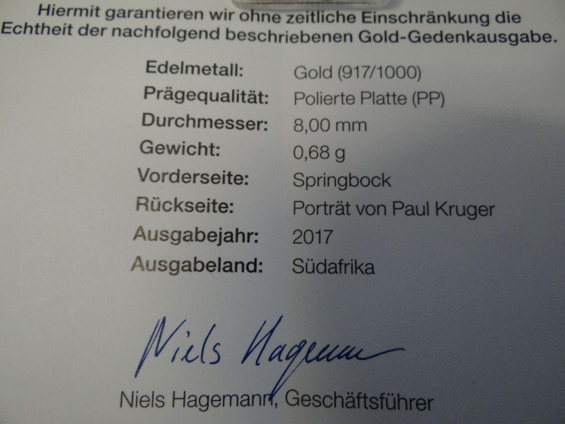 1/50 Unze Krügerrand, Gold-917-, 0,68 gr., mit Beschreibun - Bild 3 aus 3