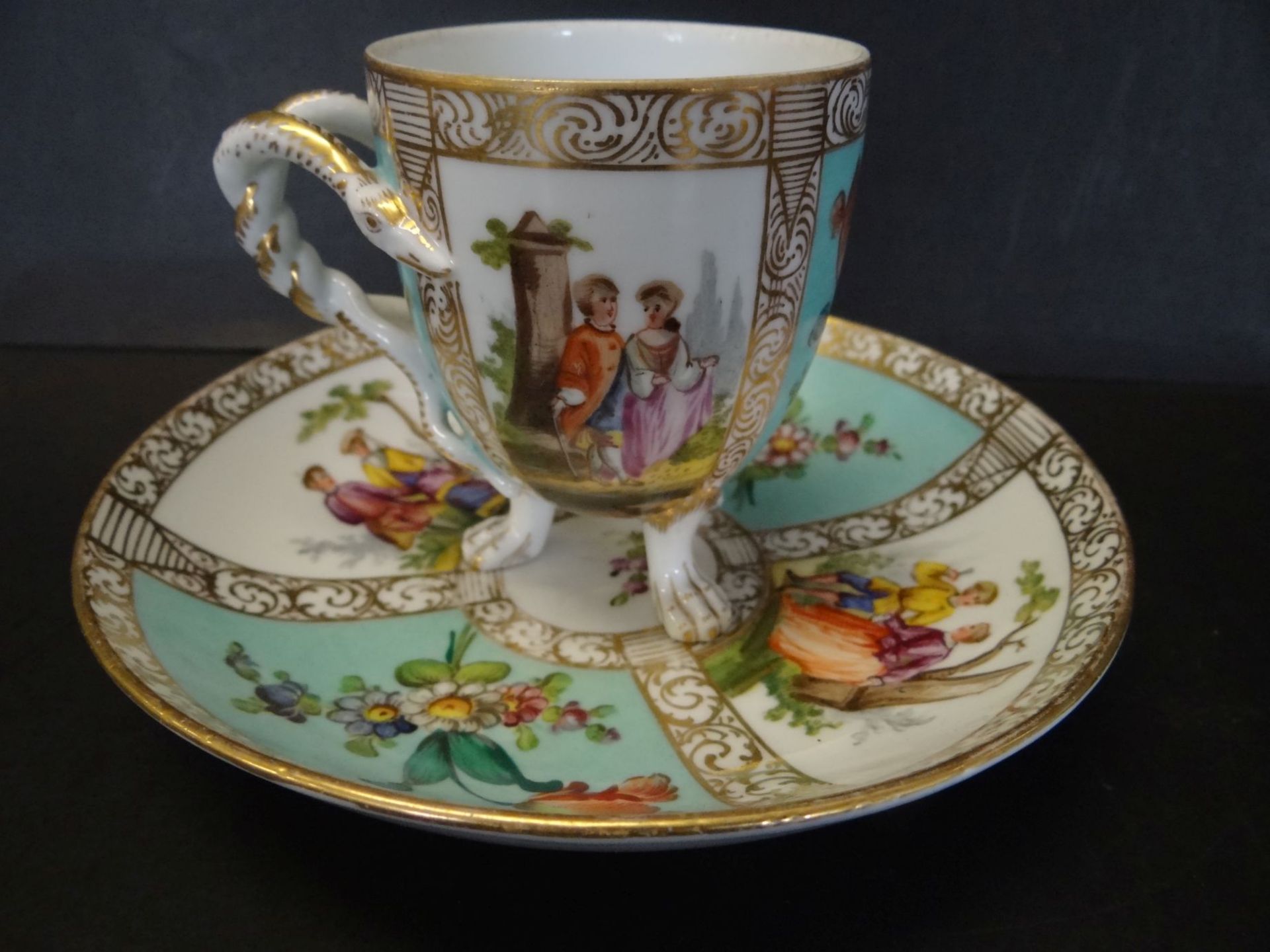 Tasse mit U.T. "Meissen" Blumen und Parkszenen, Untertasse Knaufschwerter, durchschliffen, D-15,5 - Bild 3 aus 9